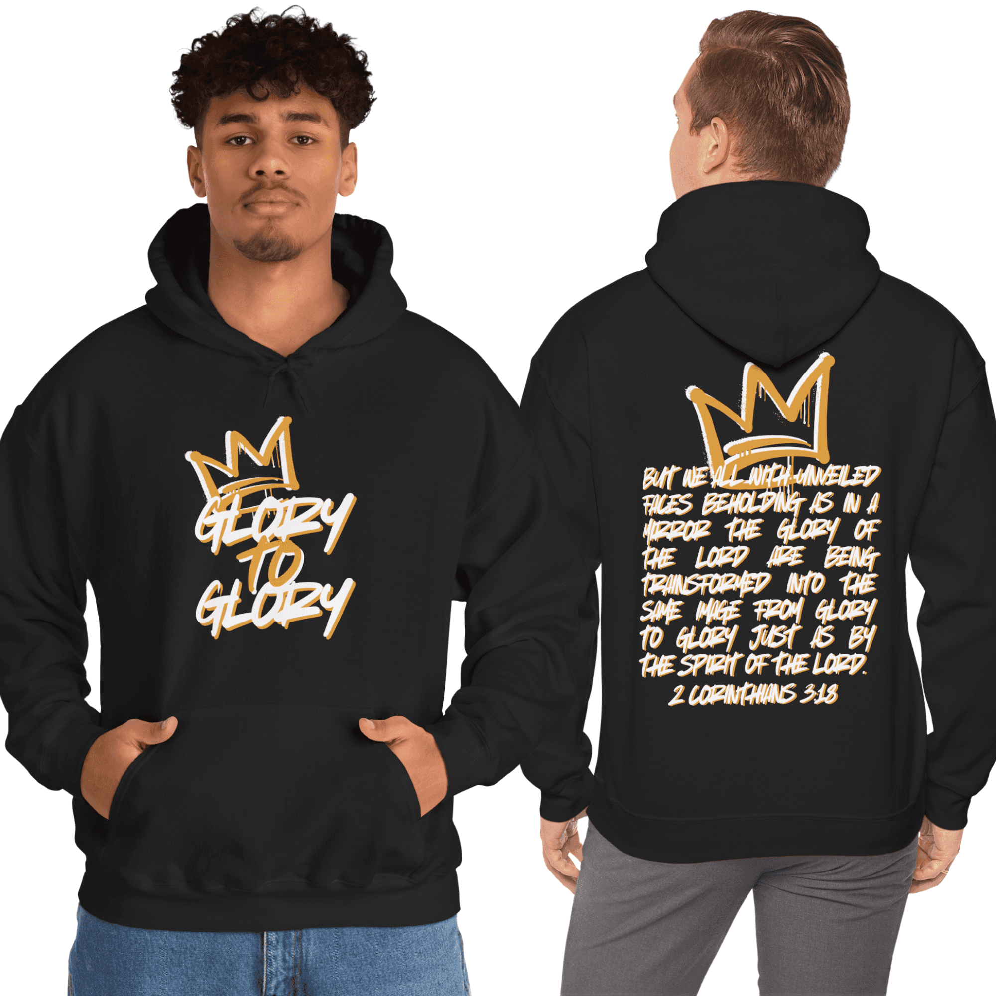 Hoodie featuring 'Glory to Glory' phrase in front with scripture on back, black color and soft fabric