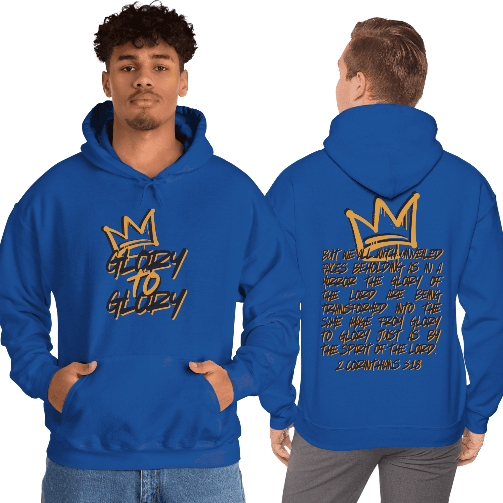 Blue Glory to Glory hoodie featuring a scripture on the back and crown design