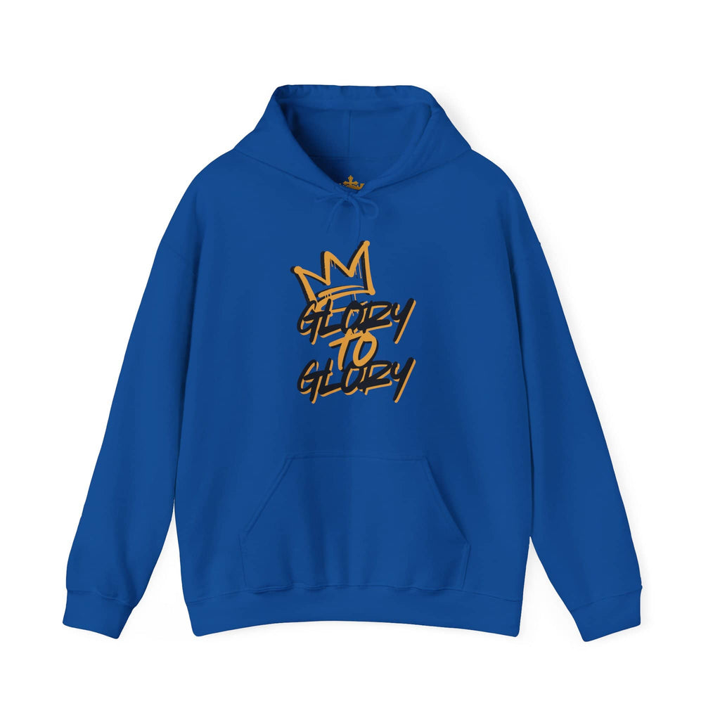 Hoodie with 'Glory to Glory' text in orange on vibrant blue fabric, front view