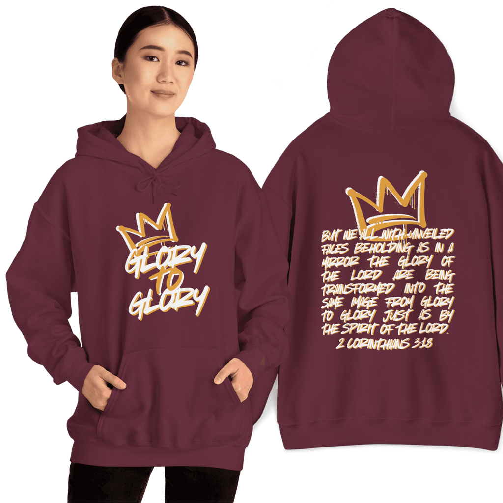 Hoodie featuring 'Glory to Glory' scripture in white text on maroon fabric, front view, with crown design