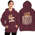 Hoodie featuring 'Glory to Glory' scripture in white text on maroon fabric, front view, with crown design