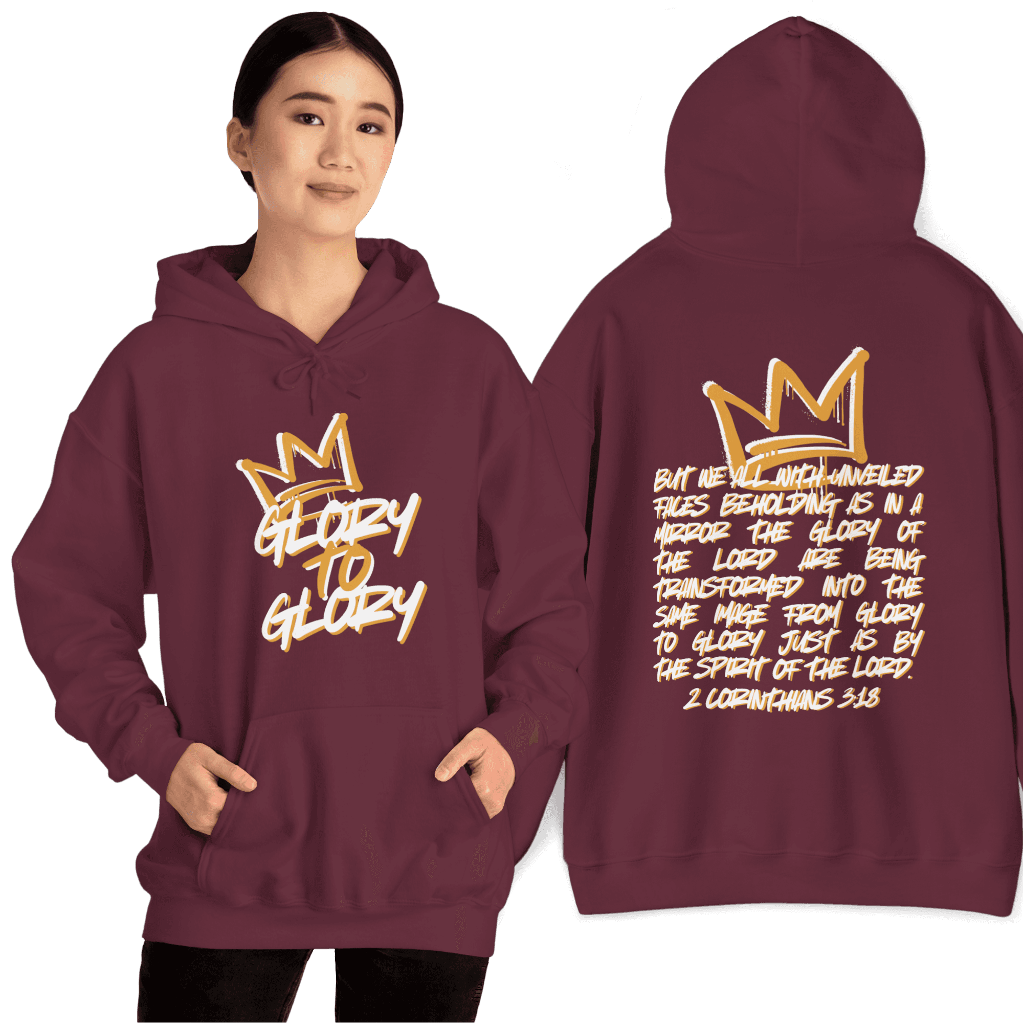 Hoodie featuring 'Glory to Glory' scripture in white text on maroon fabric, front view, with crown design