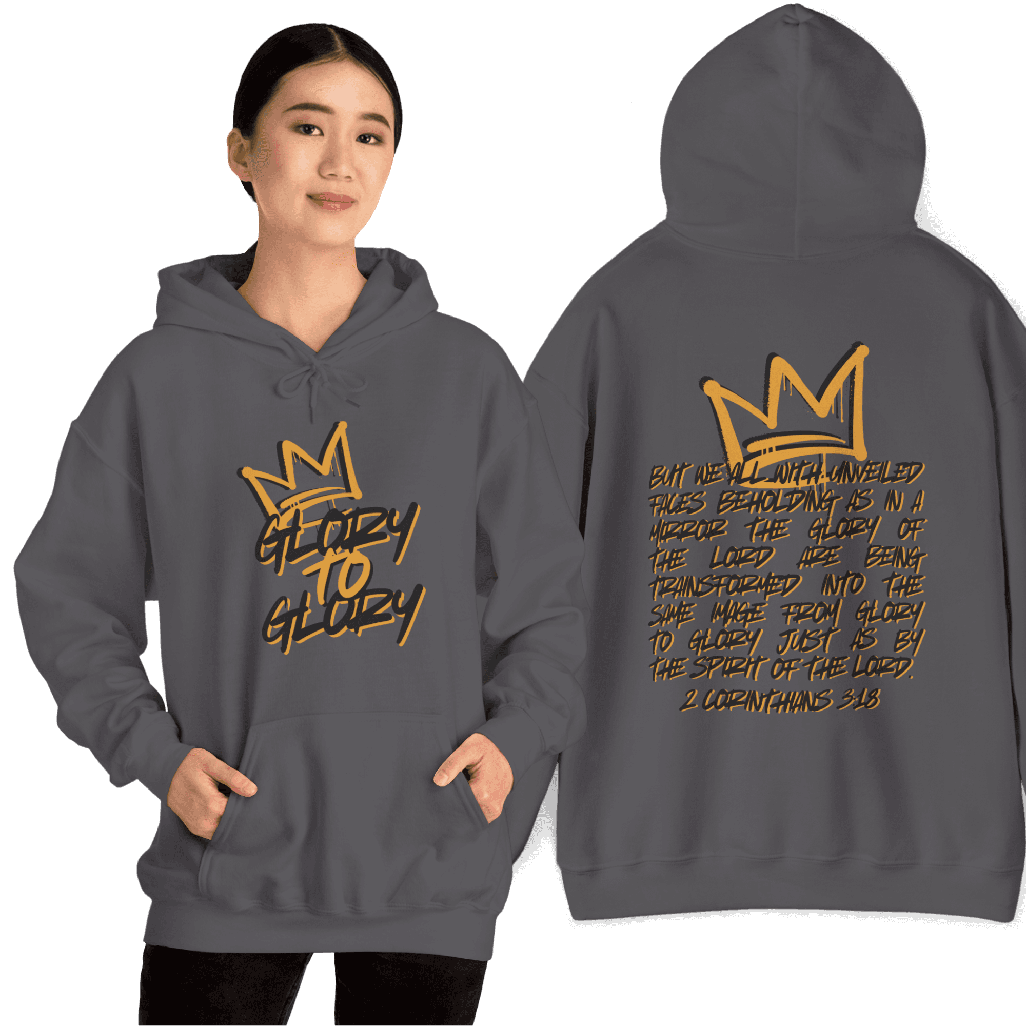 Hoodie featuring 'Glory to Glory' phrase in gold on a charcoal background, front view with model