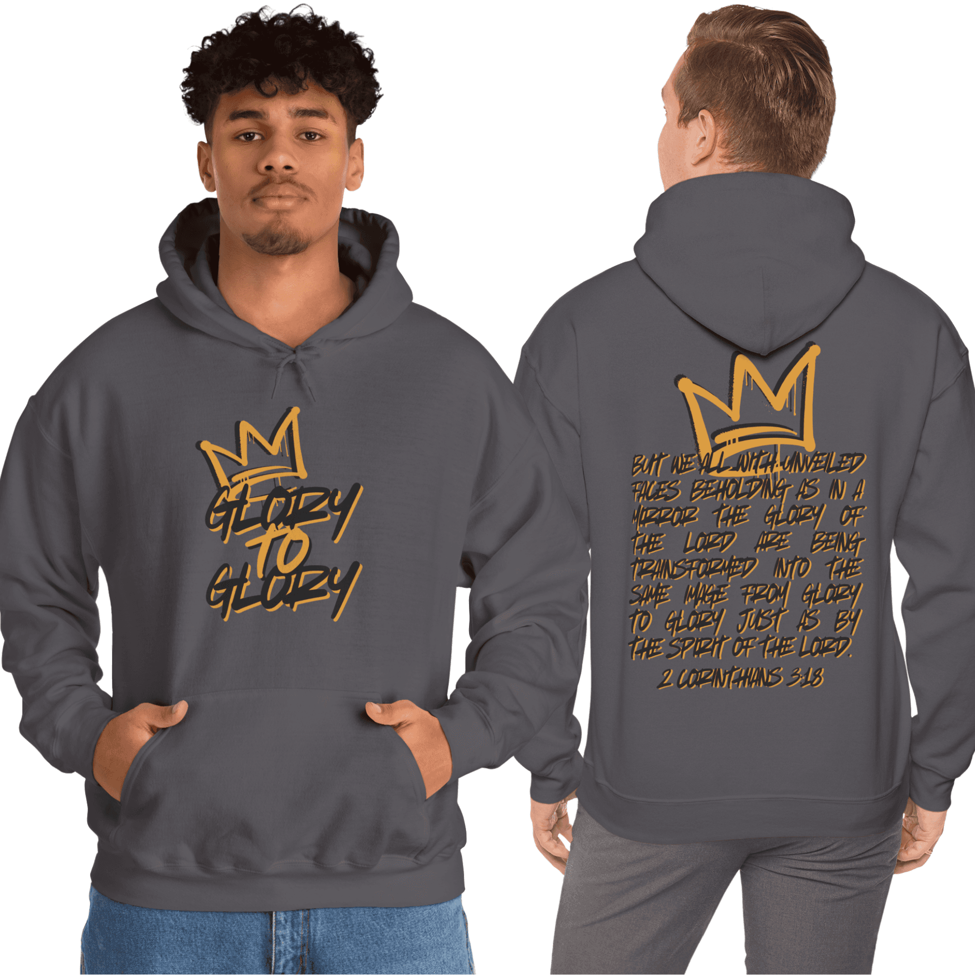 Hoodie with 'Glory to Glory' phrase in gray featuring a crown design, front and back view