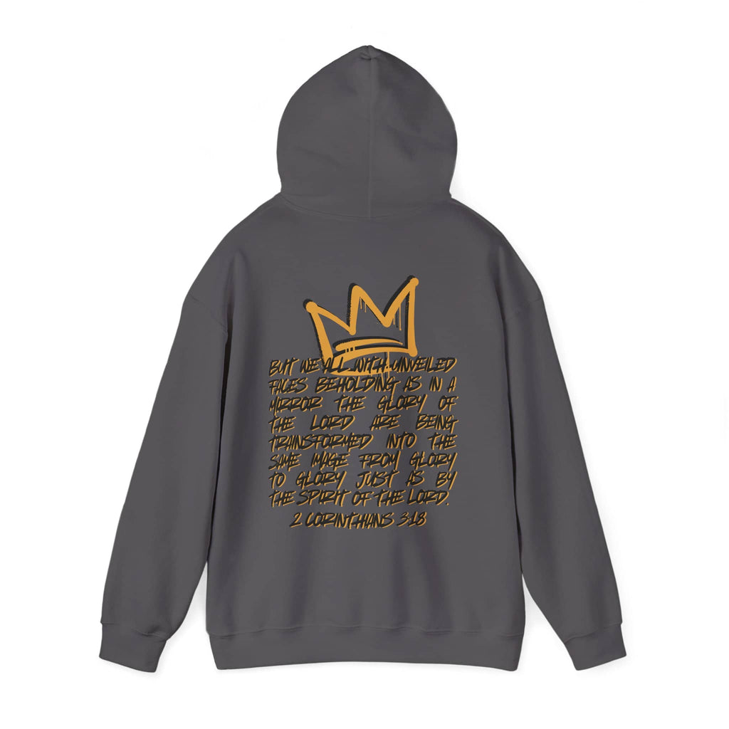 Hoodie with 'Glory to Glory' scripture in gold font on a gray background, back view
