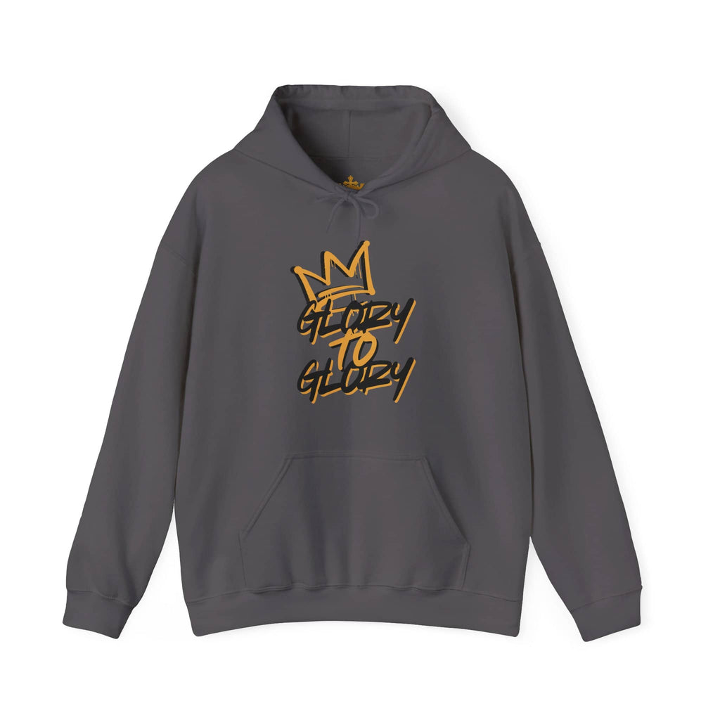 Hoodie with 'Glory to Glory' phrase in golden text, featuring a front view in charcoal gray