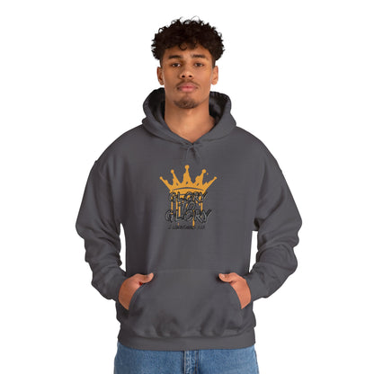 Logos Co. charcoal gray Glory to Glory hoodie with gold crown graphic worn by man