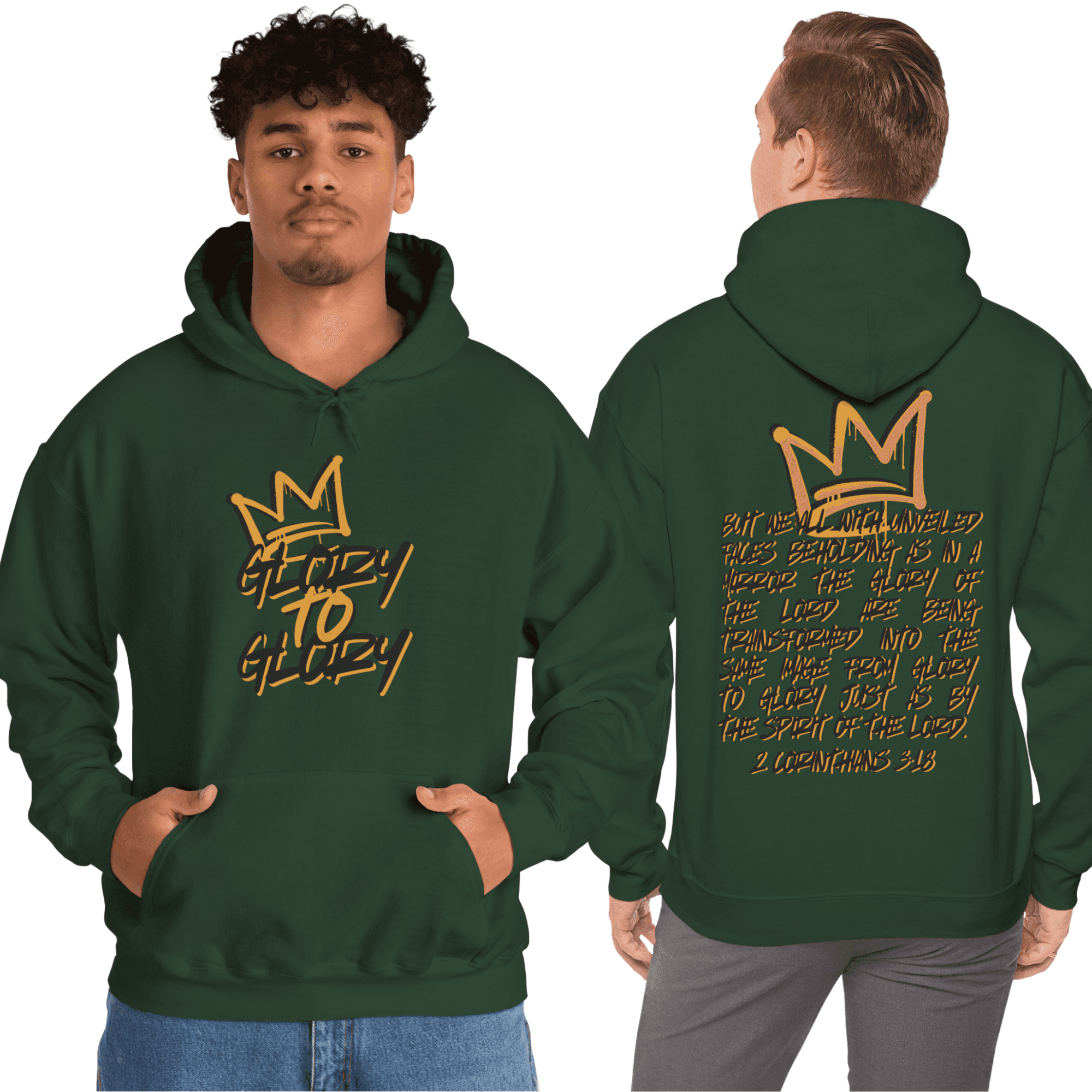 Hoodie with 'Glory to Glory' scripture in gold print on a green background, featuring front and back views