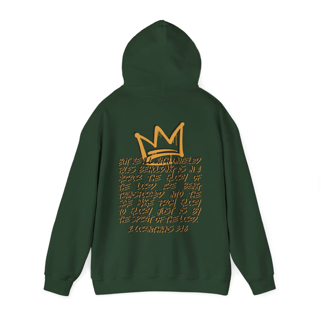 Hoodie with 'Glory to Glory' scripture in gold on back, dark green color, back view