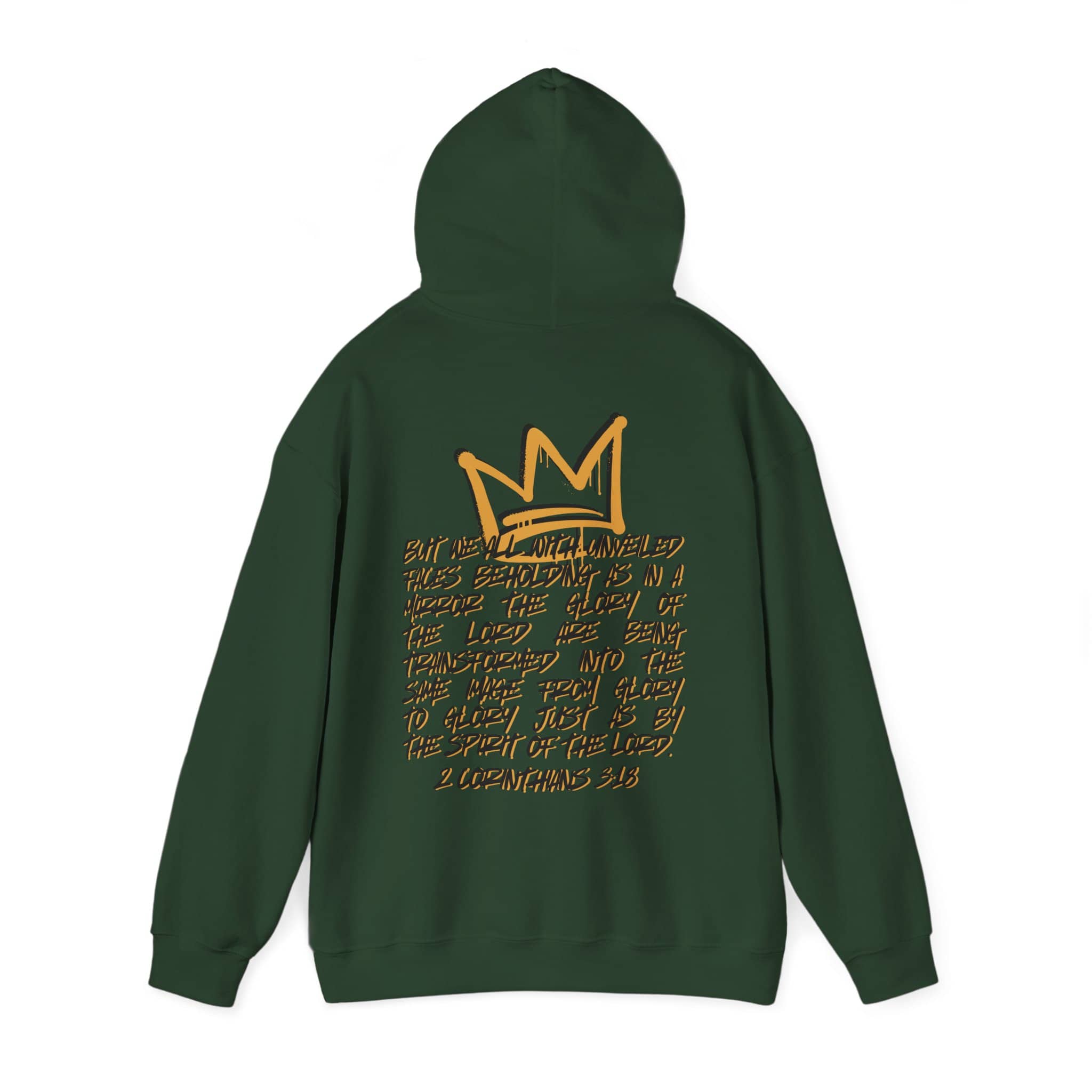 Hoodie with 'Glory to Glory' scripture in gold on back, dark green color, back view