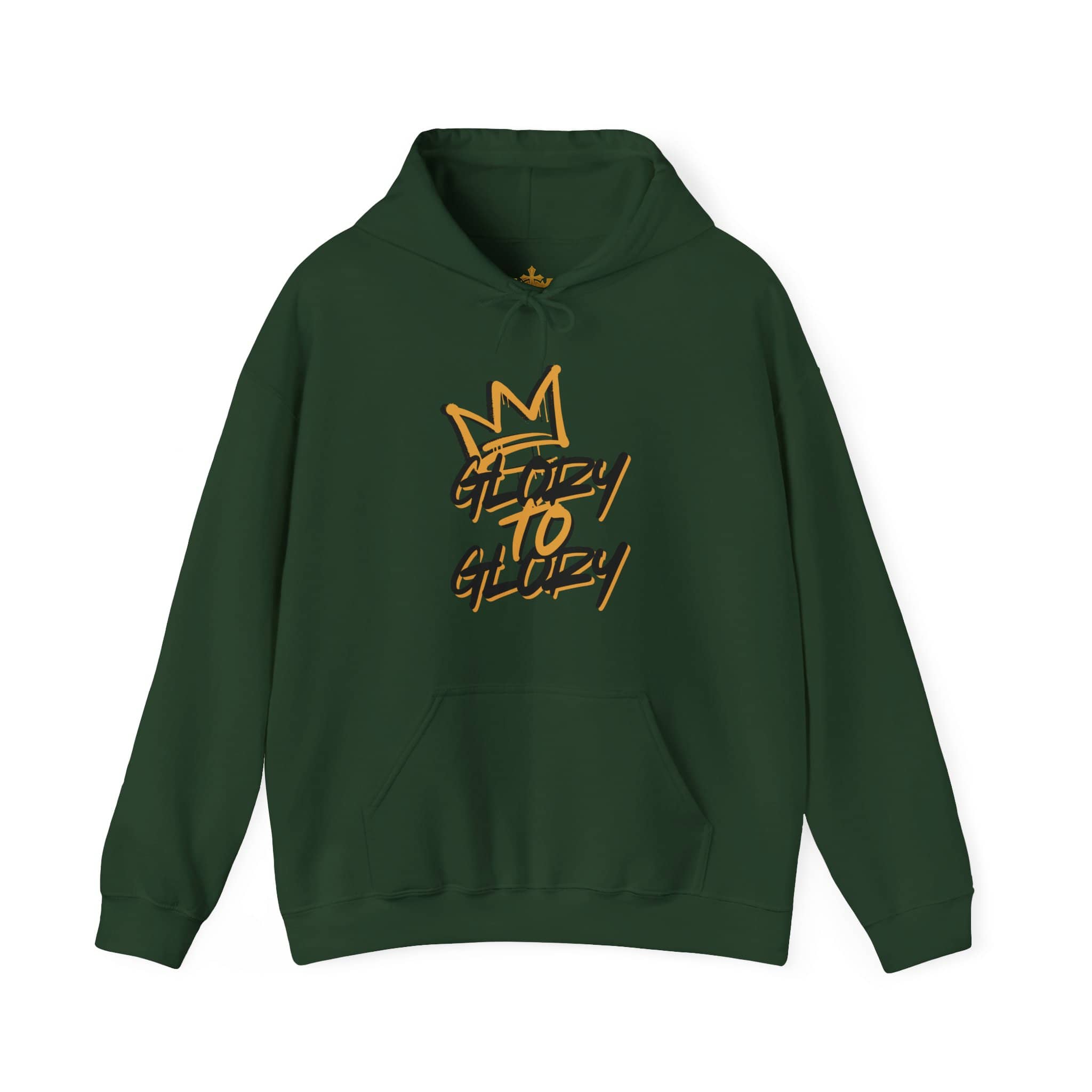 Hoodie with 'Glory to Glory' phrase in gold on dark green fabric, front view