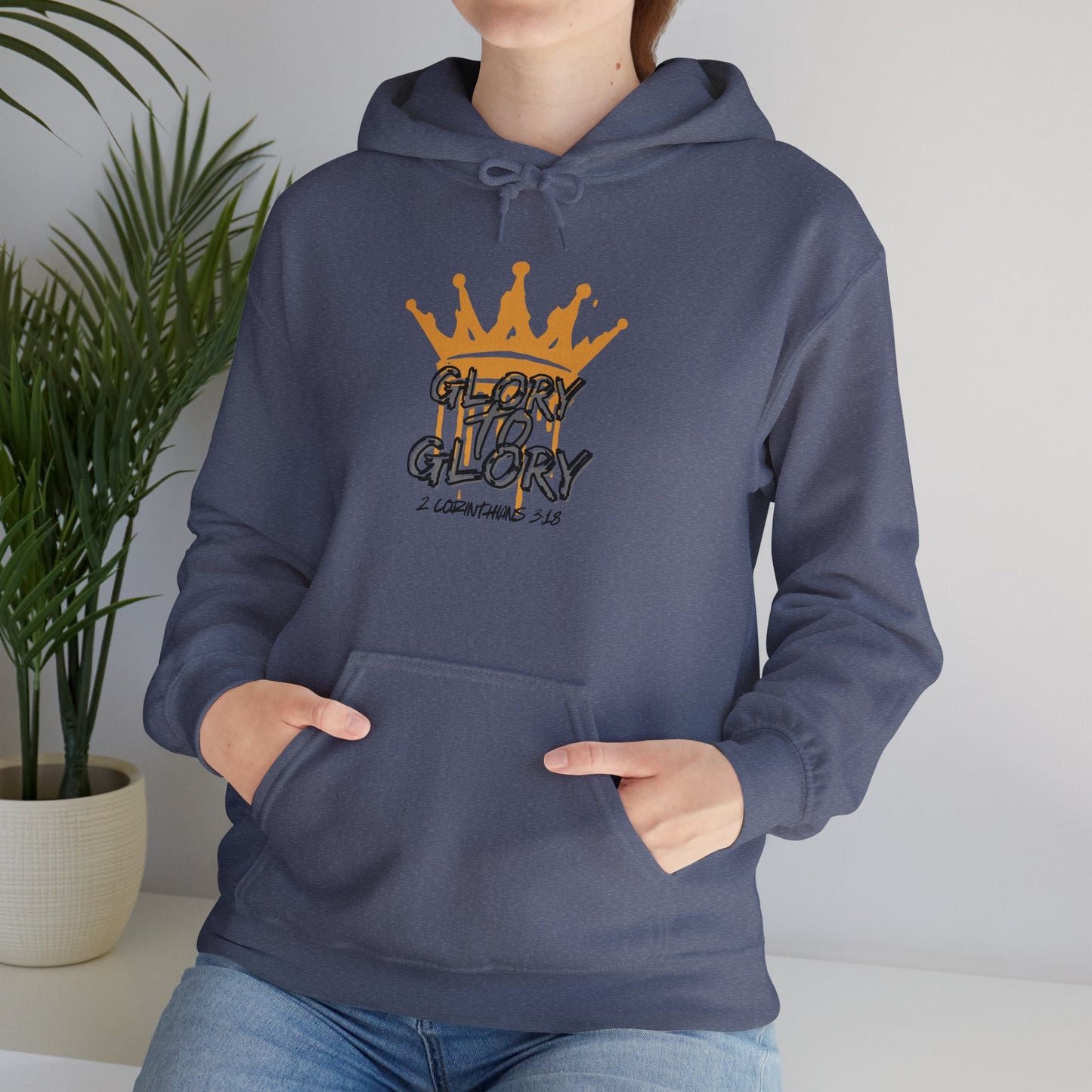 Logos Co Glory to Glory hoodie in heather navy with orange crown graphic and text design