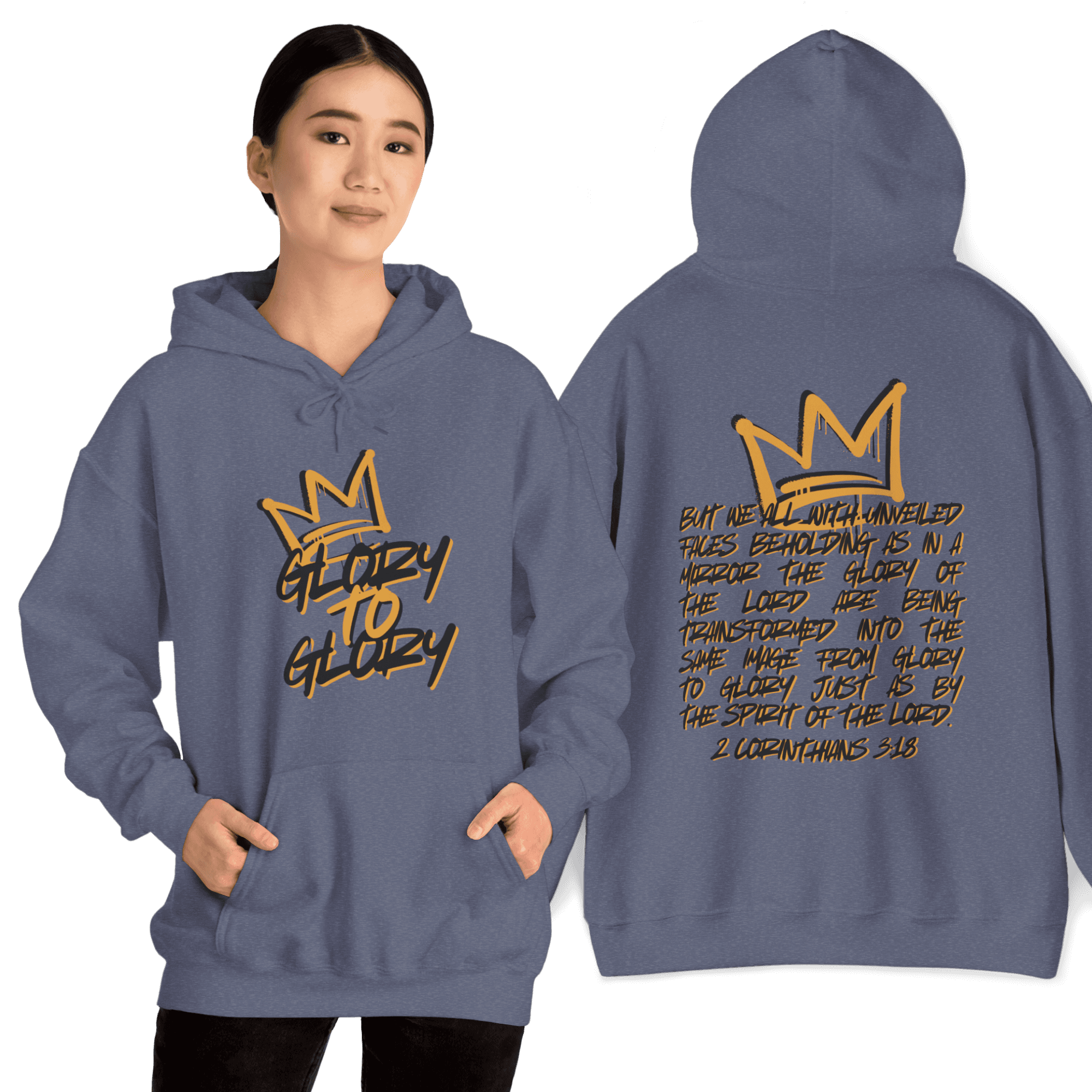 Hoodie with 'Glory to Glory' phrase in gold on blue fabric, displayed front and back featuring scripture