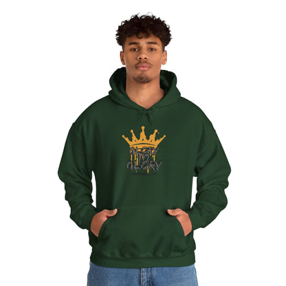 Logos Co. forest green Glory to Glory hoodie with gold crown graphic worn by man with hands in pockets