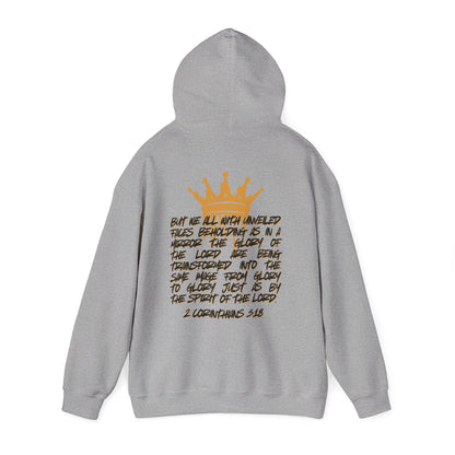 Grey Glory to Glory hoodie by Logos Co. with scripture and gold crown design on the back