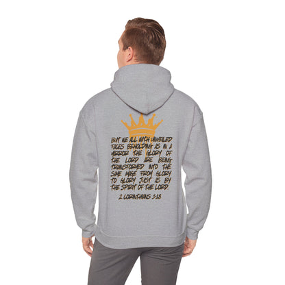 Gray Glory to Glory hoodie by Logos Co. with inspirational biblical quote and crown design on back