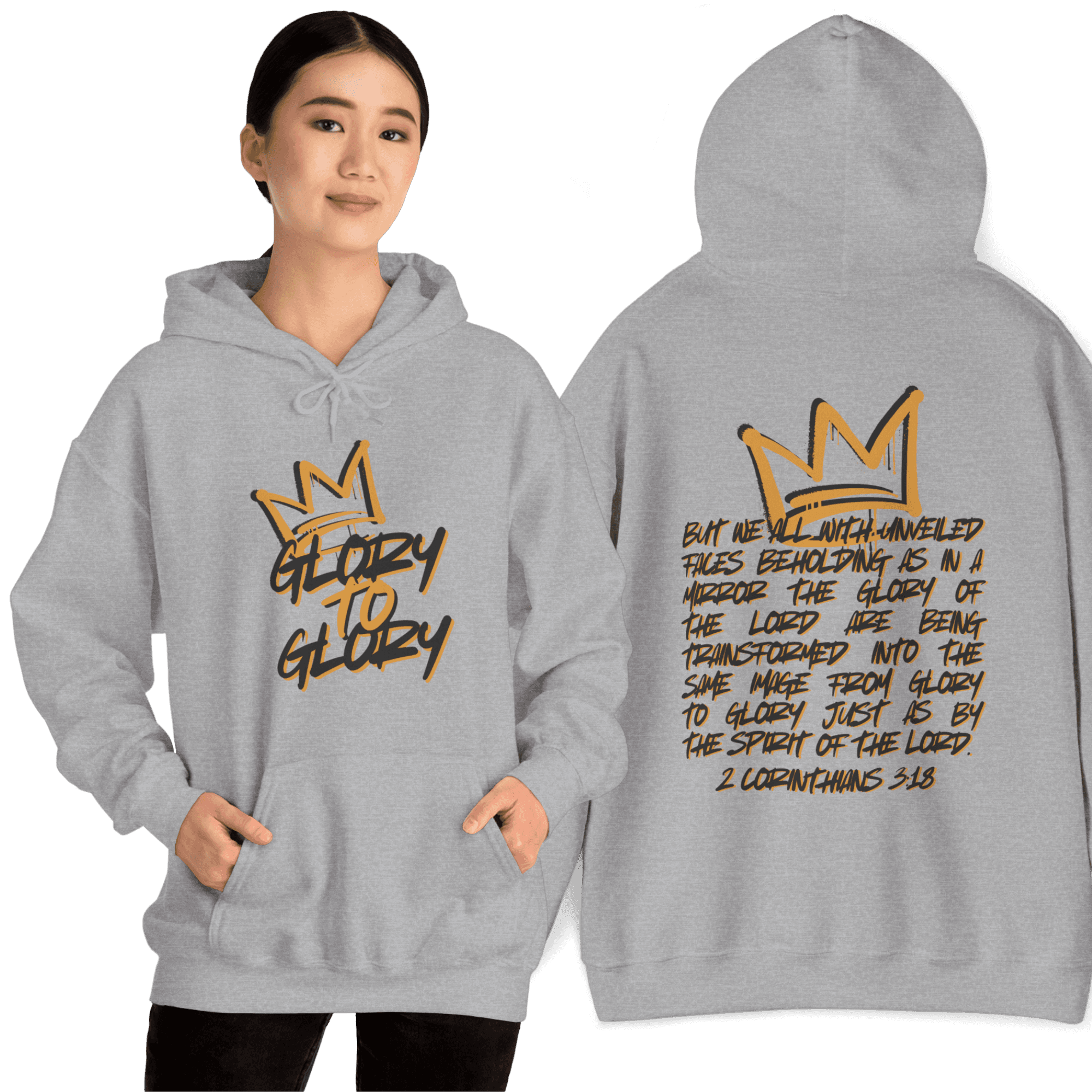 Hoodie with 'Glory to Glory' phrase in gold on gray fabric, showing front and back views