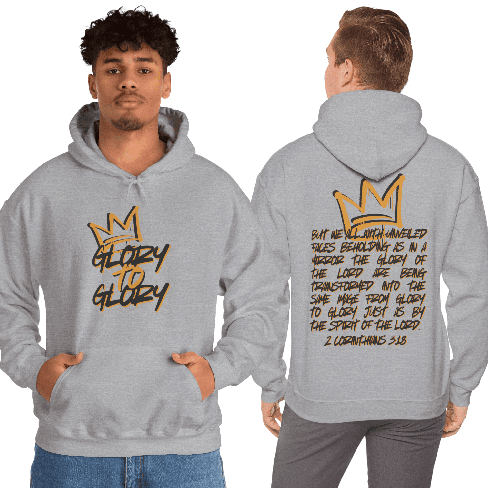 Hoodie with 'Glory to Glory' phrase in grey, featuring scripture on back view