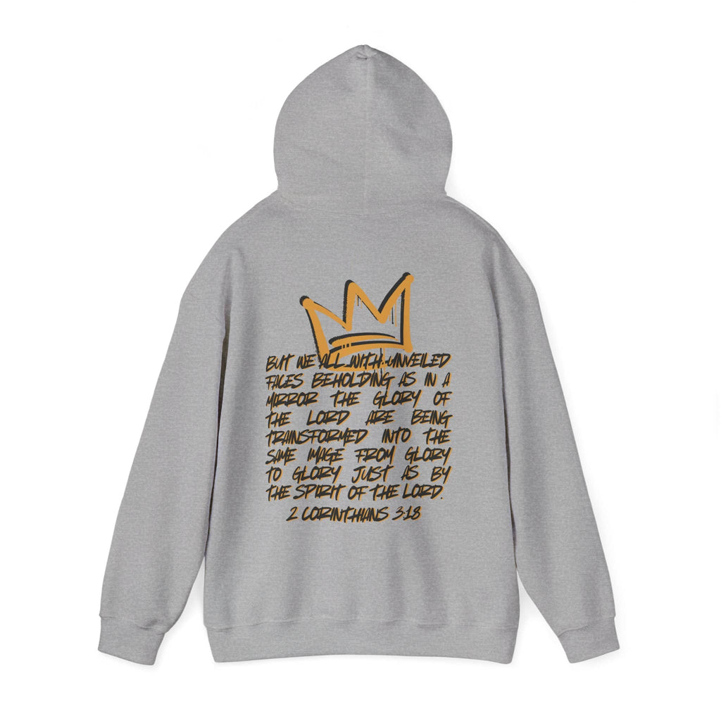 Hoodie with 'Glory to Glory' scripture design in gray, featuring a crown graphic on the back view