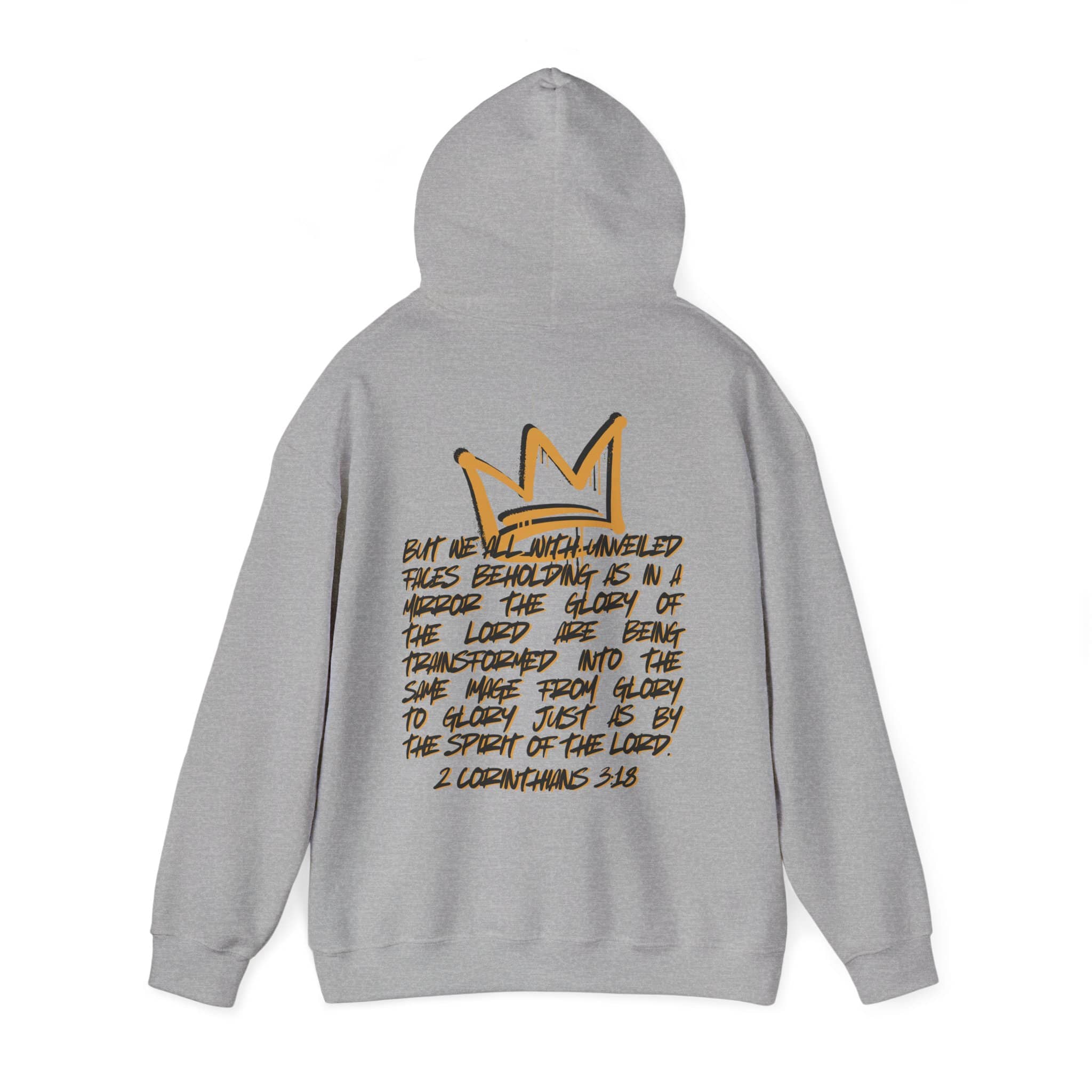 Hoodie with 'Glory to Glory' scripture design in gray, featuring a crown graphic on the back view