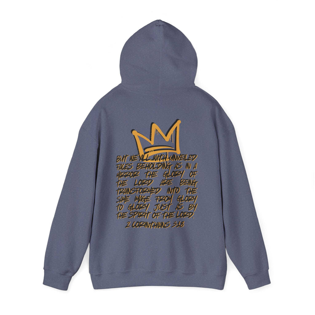 Hoodie featuring 'Glory to Glory' scripture design, in dark gray, back view