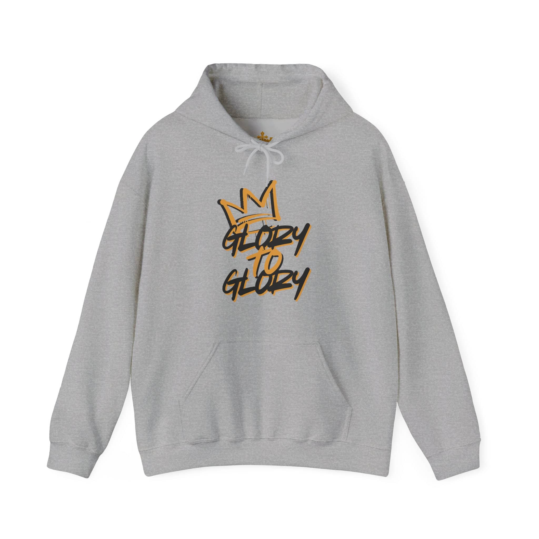 Gray Glory to Glory hoodie with bold lettering and crown design, front view