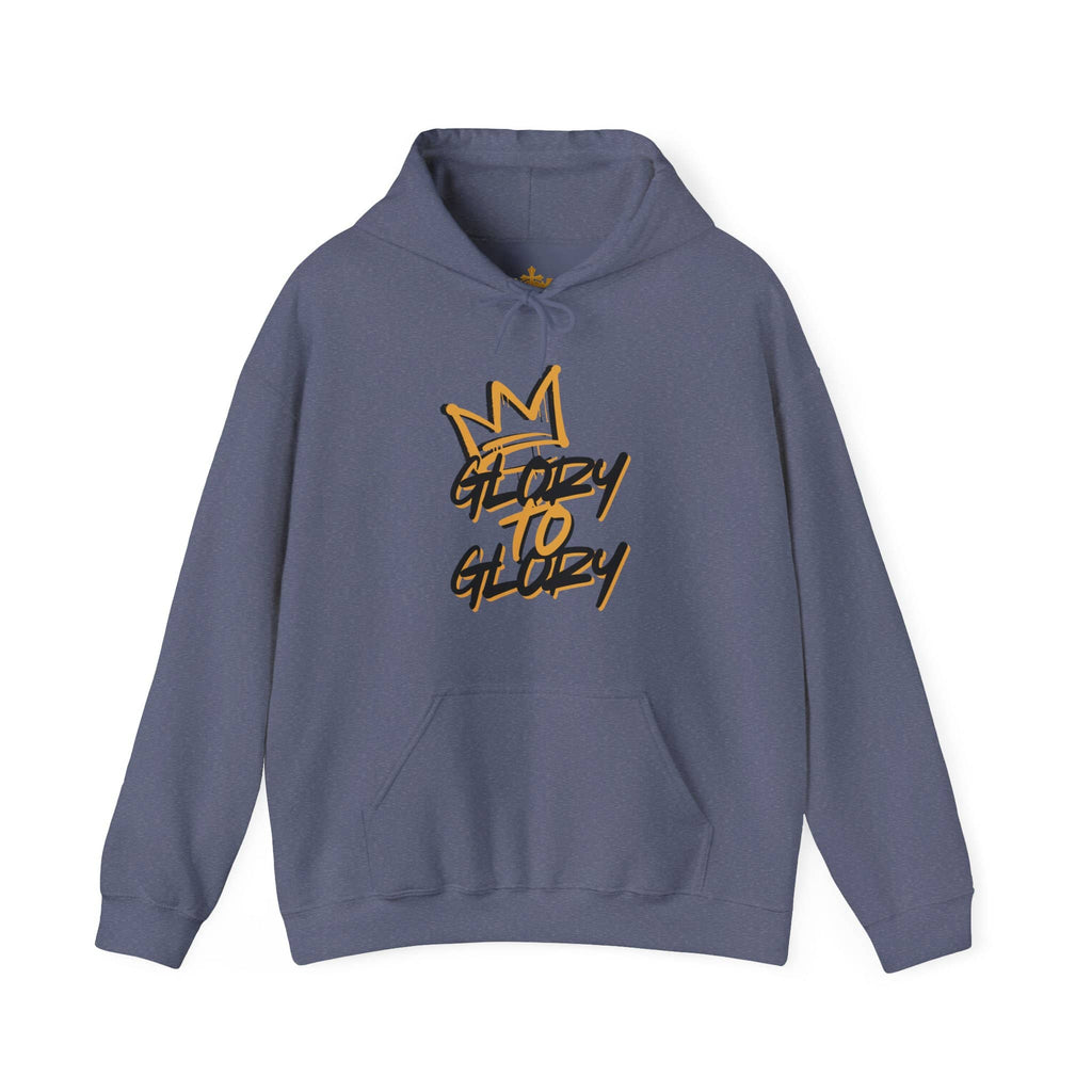 Hoodie with 'Glory to Glory' phrase in gold on a gray background, front view