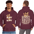Hoodie with 'Glory to Glory' scripture in gold on burgundy front and back view
