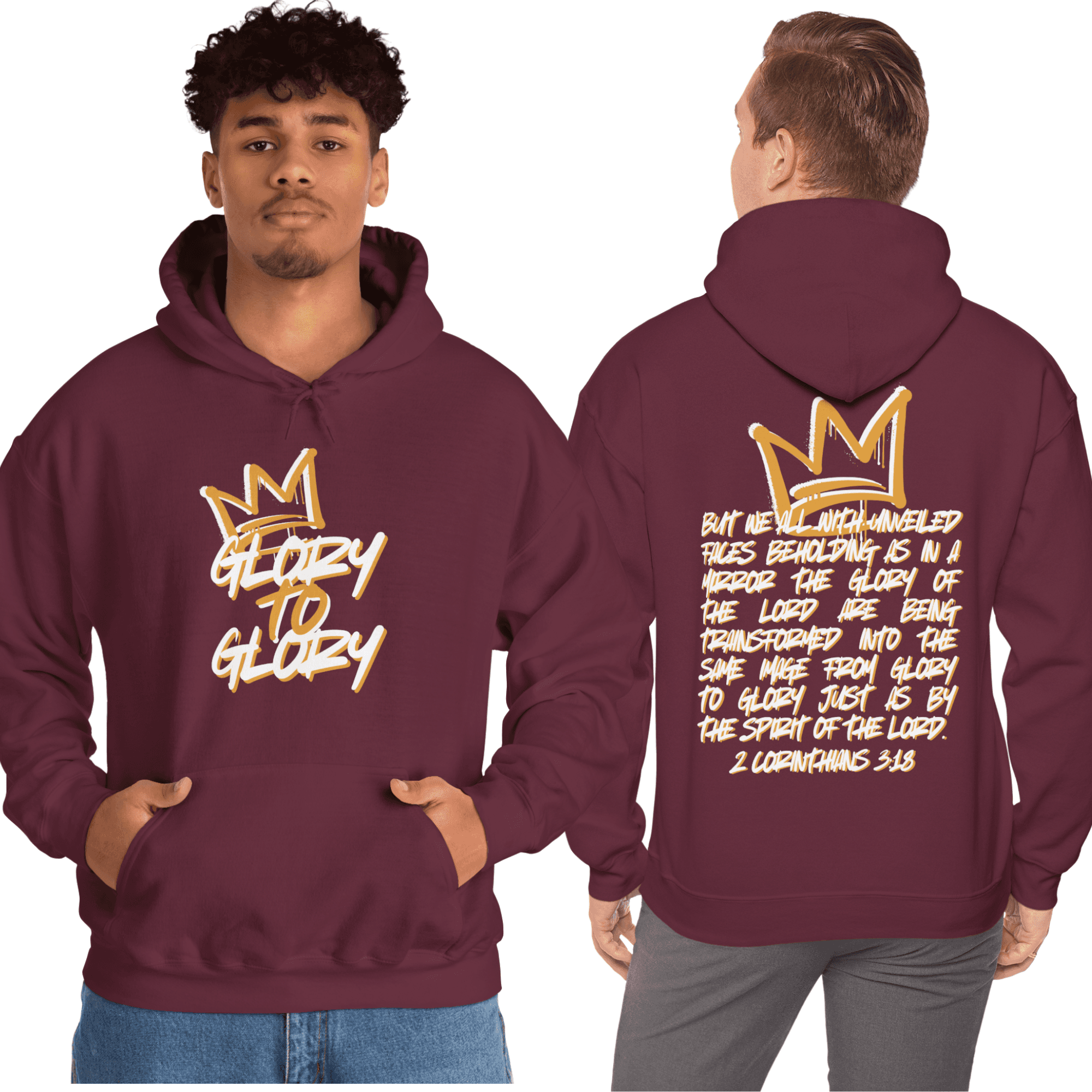 Hoodie with 'Glory to Glory' scripture in gold on burgundy front and back view
