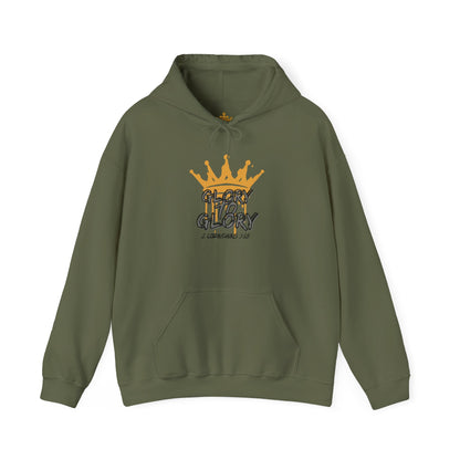 Olive green Glory to Glory hoodie by Logos Co. featuring a gold crown graphic and front pocket