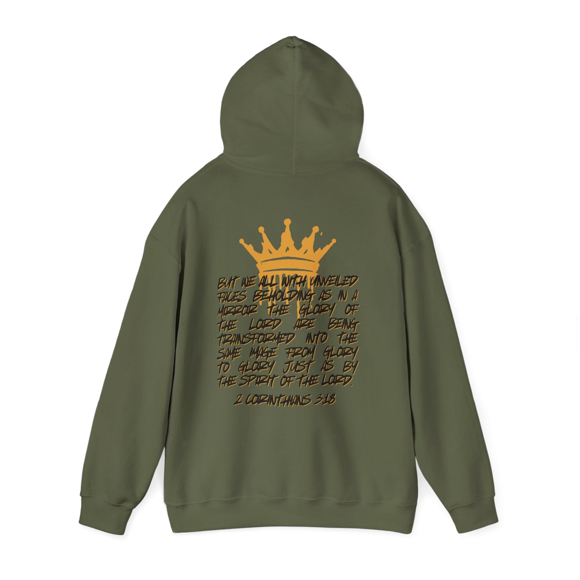 Logos Co. military green Glory to Glory hoodie with gold crown and inspirational Bible verse on the back