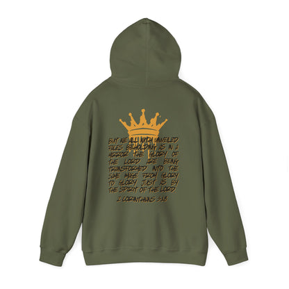 Logos Co. military green Glory to Glory hoodie with gold crown and inspirational Bible verse on the back
