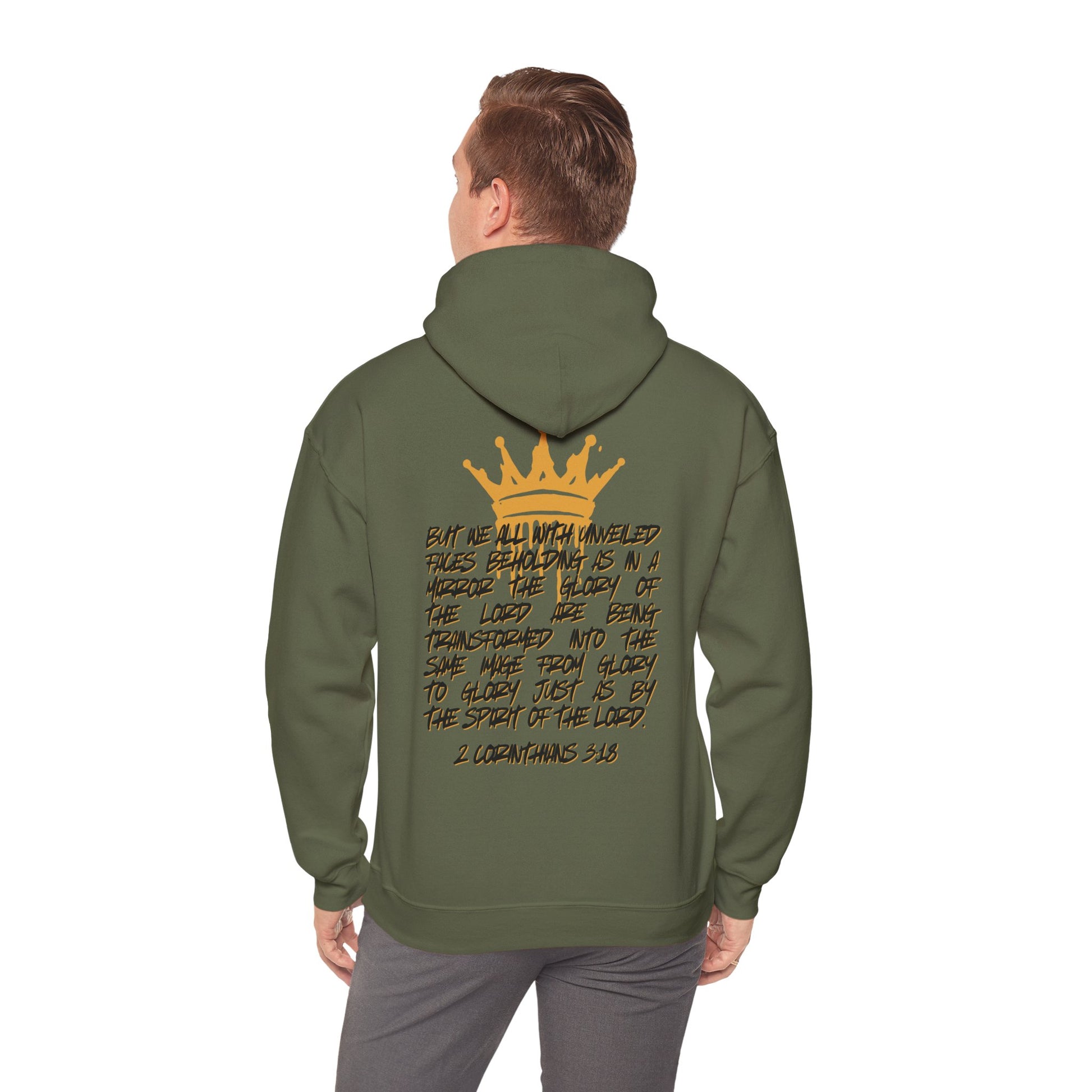 Logos Co. Glory to Glory hoodie in military green with scripture text and gold crown design on back