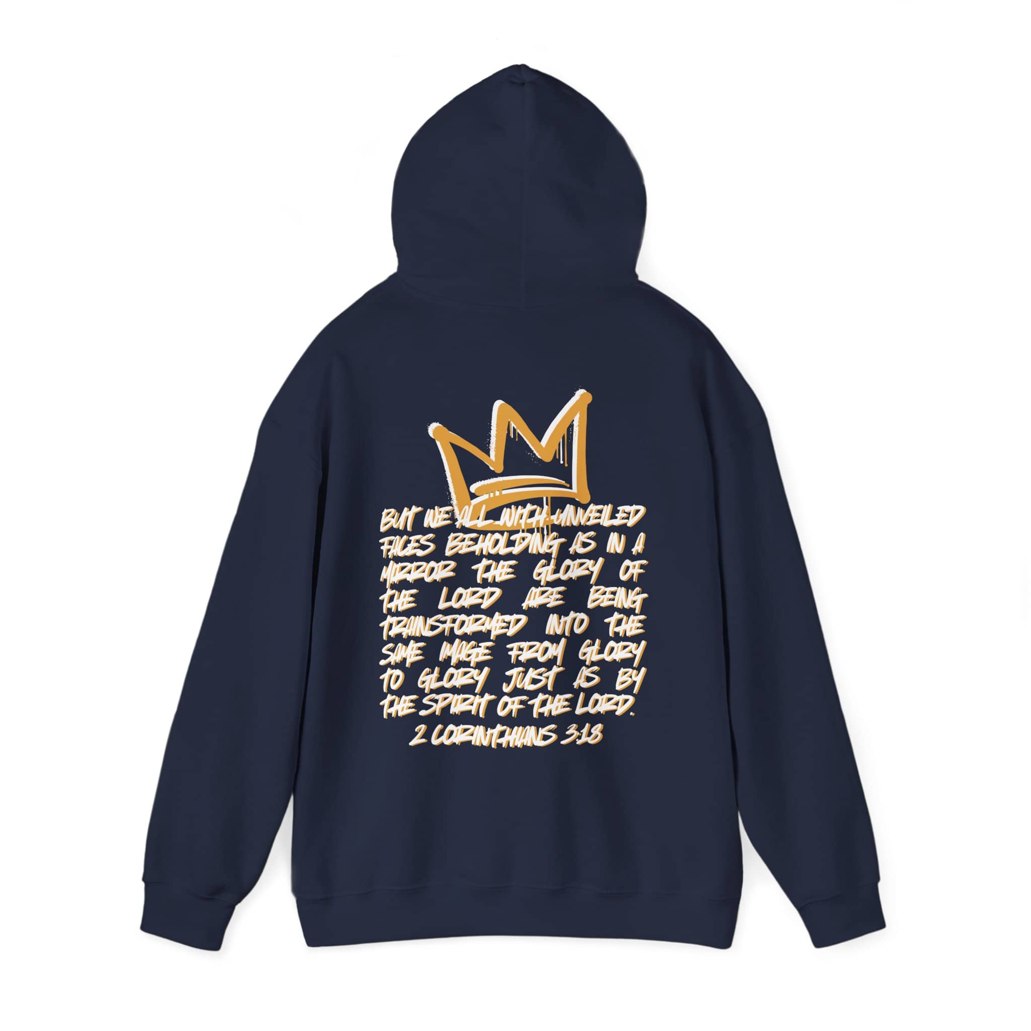 Hoodie with 'Glory to Glory' scripture in gold print on navy back view