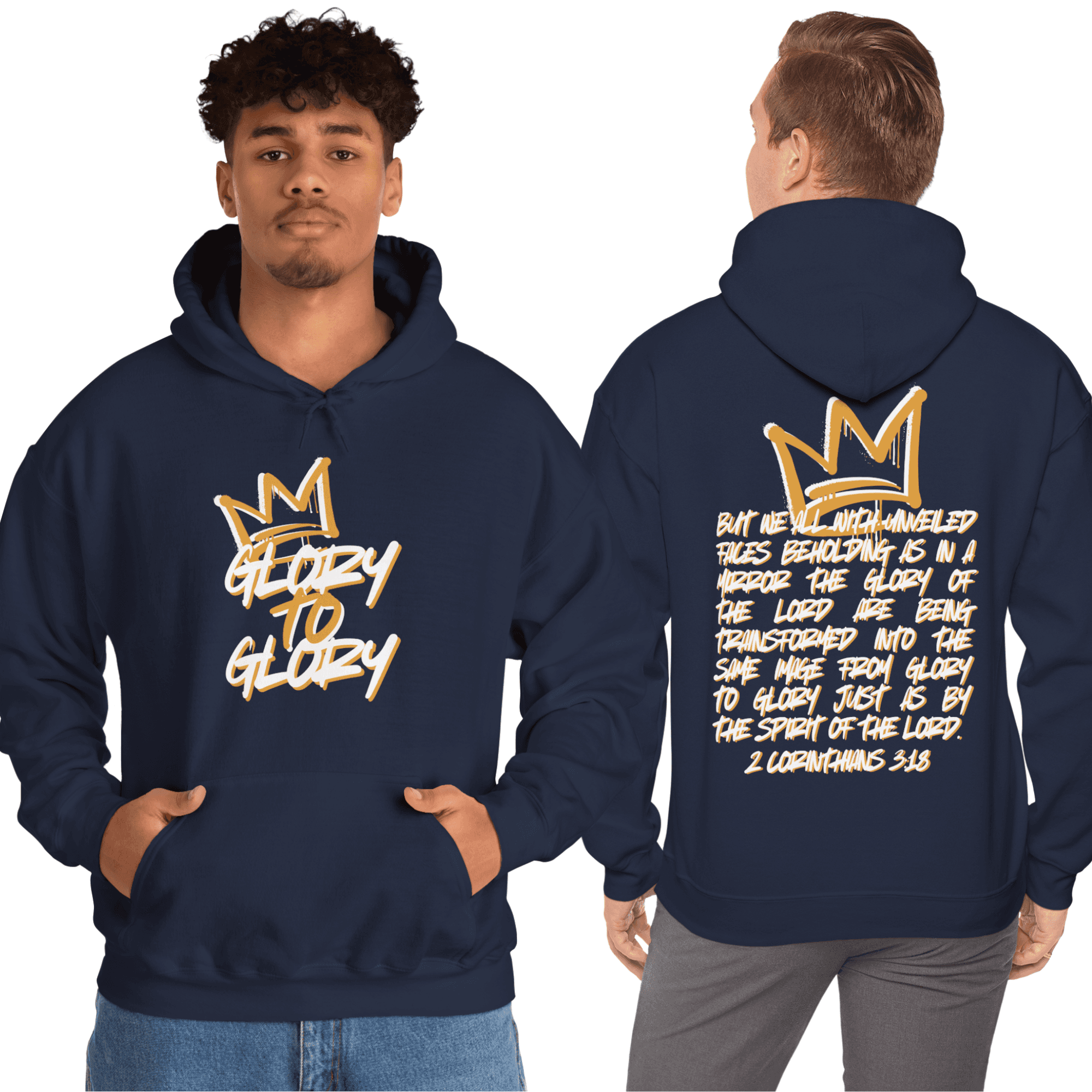 Hoodie featuring 'Glory to Glory' in gold on navy background, front and back view