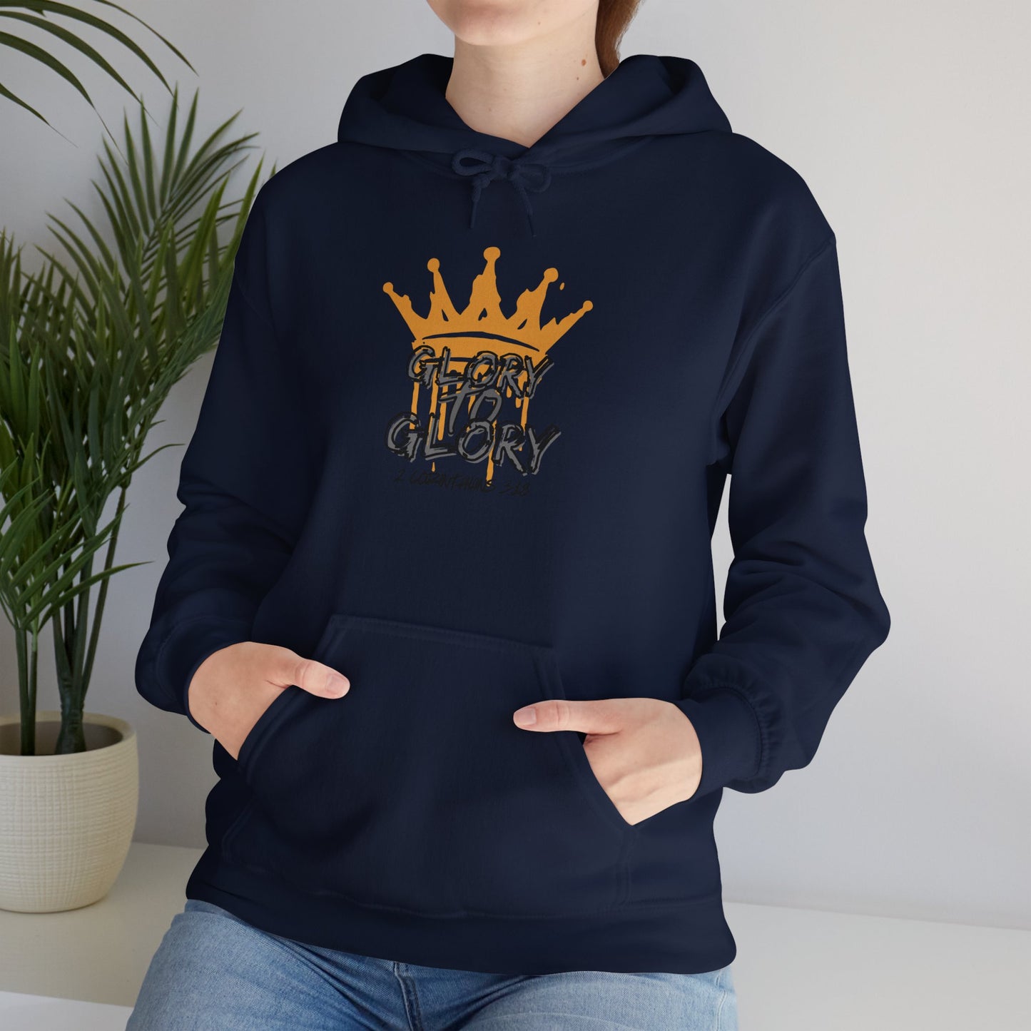 Navy blue Glory to Glory hoodie with orange crown graphic and front pouch pocket
