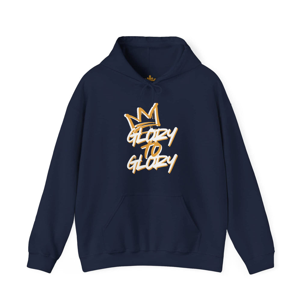 Hoodie with 'Glory to Glory' slogan in gold on navy, featuring a front view and a cozy fit