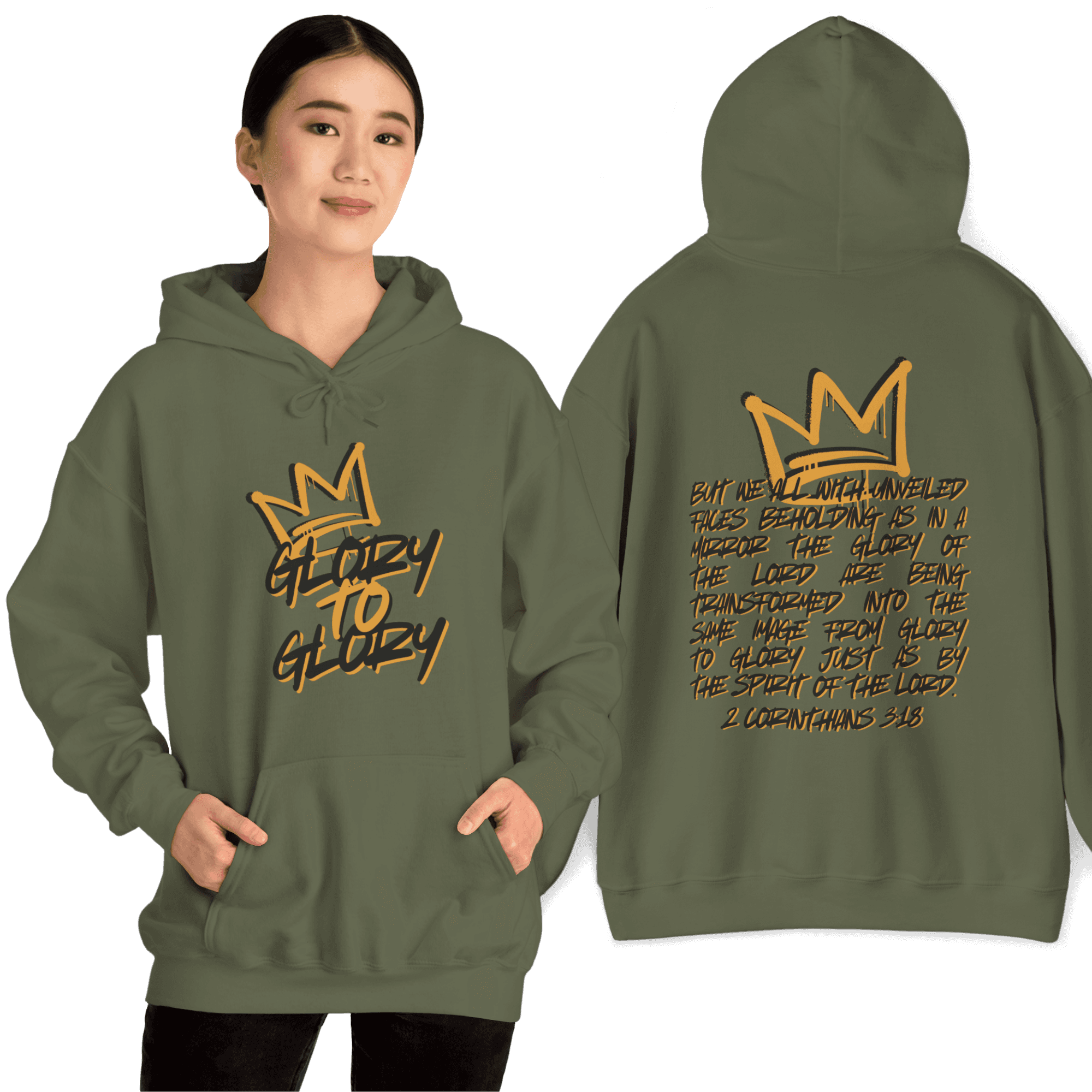 Hoodie with 'Glory to Glory' phrase in orange, olive green color, front view