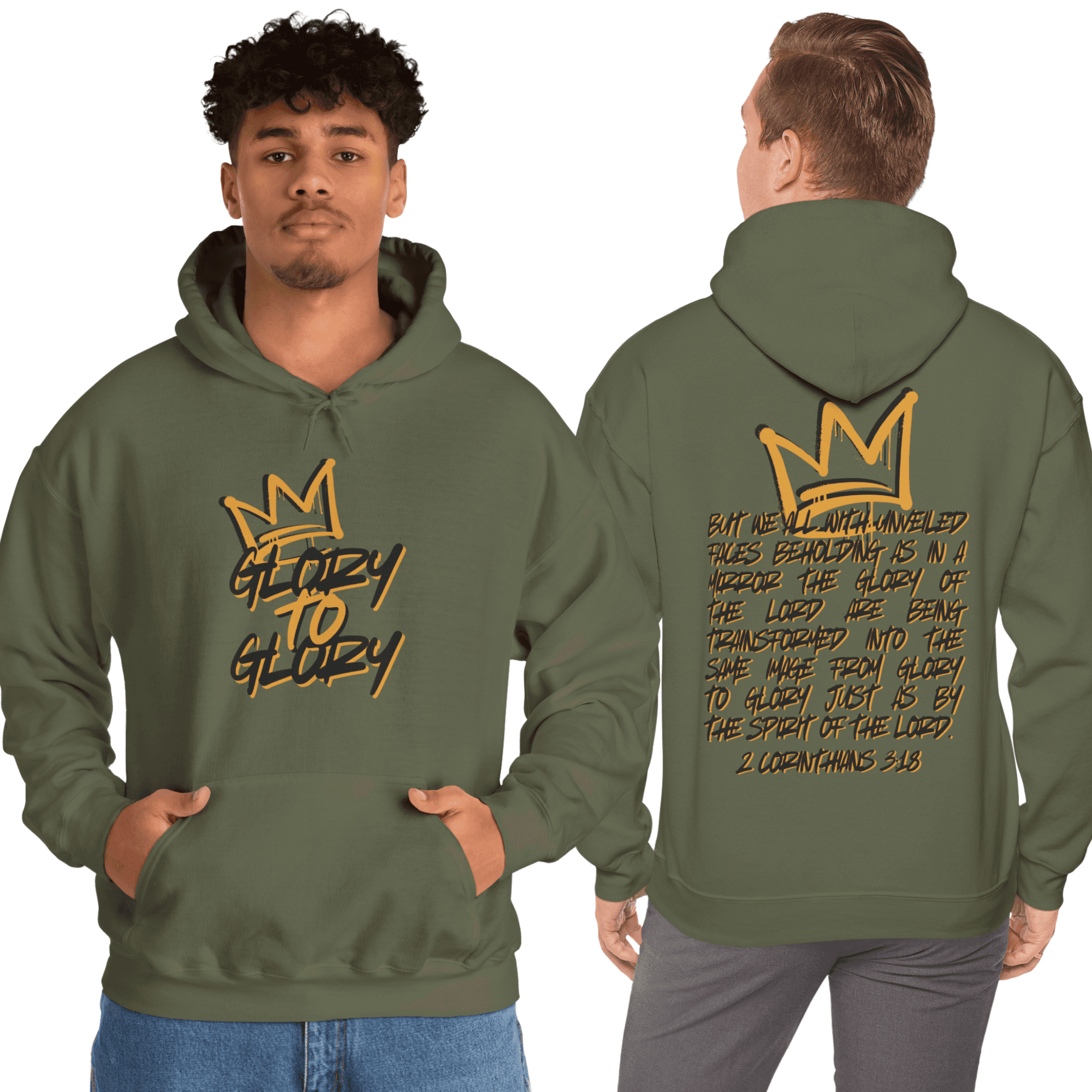 Hoodie featuring 'Glory to Glory' scripture in gold on olive green, front and back view