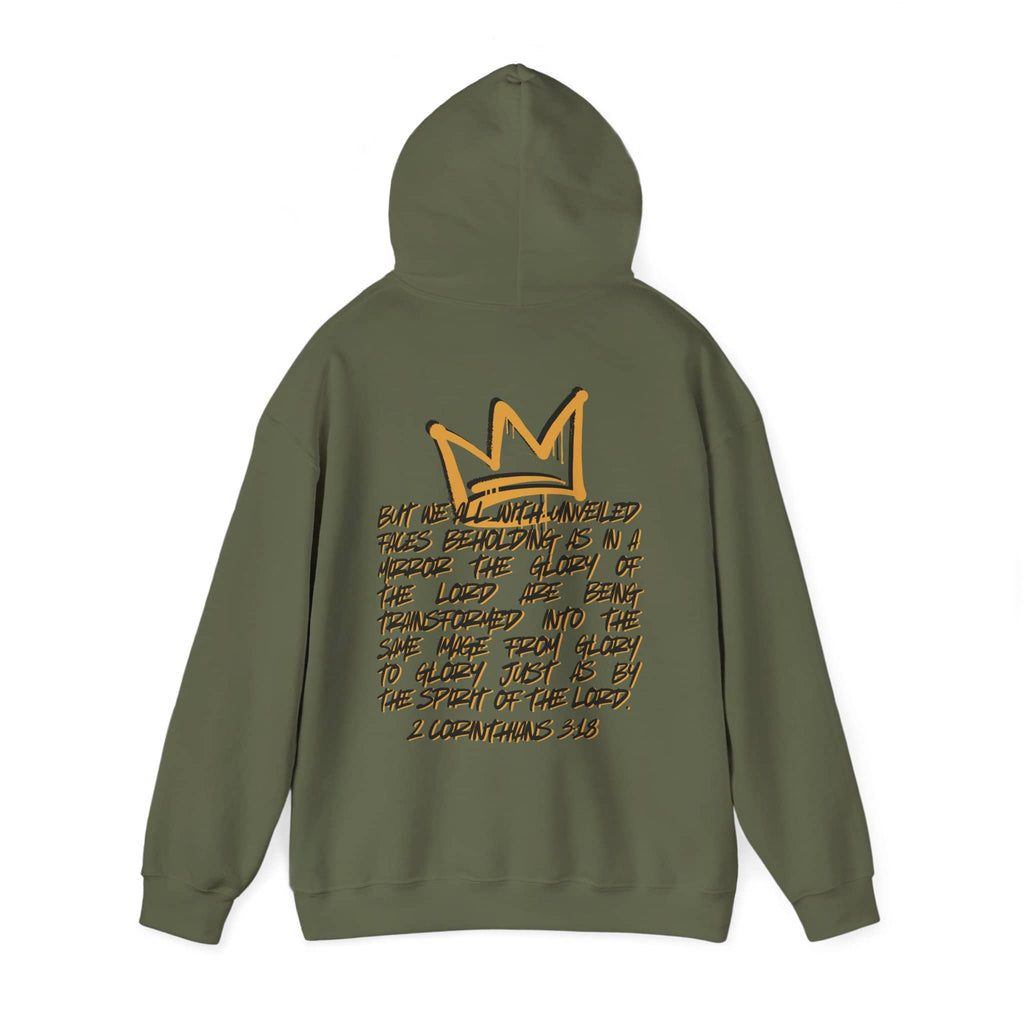 Hoodie featuring 'Glory to Glory' scripture in gold on olive green back view