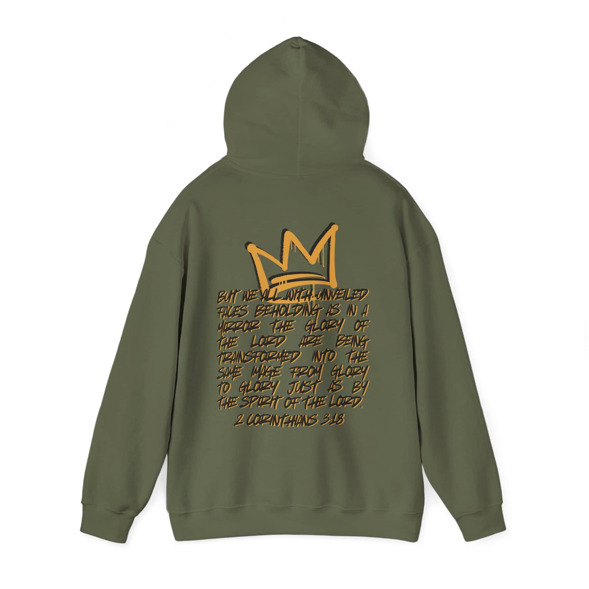 Hoodie featuring 'Glory to Glory' scripture in gold on olive green back view