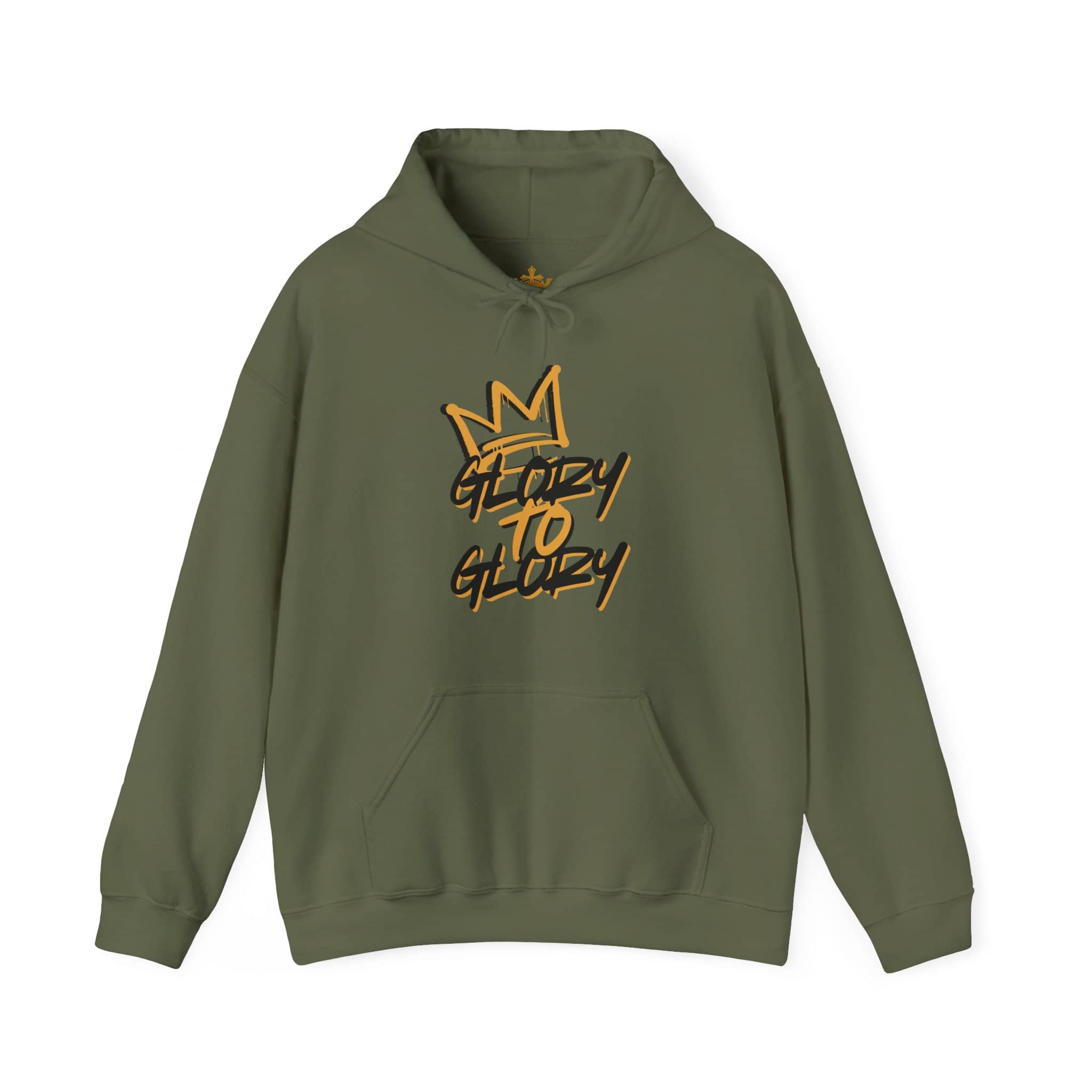 Hoodie featuring 'Glory to Glory' in gold on olive green fabric, front view
