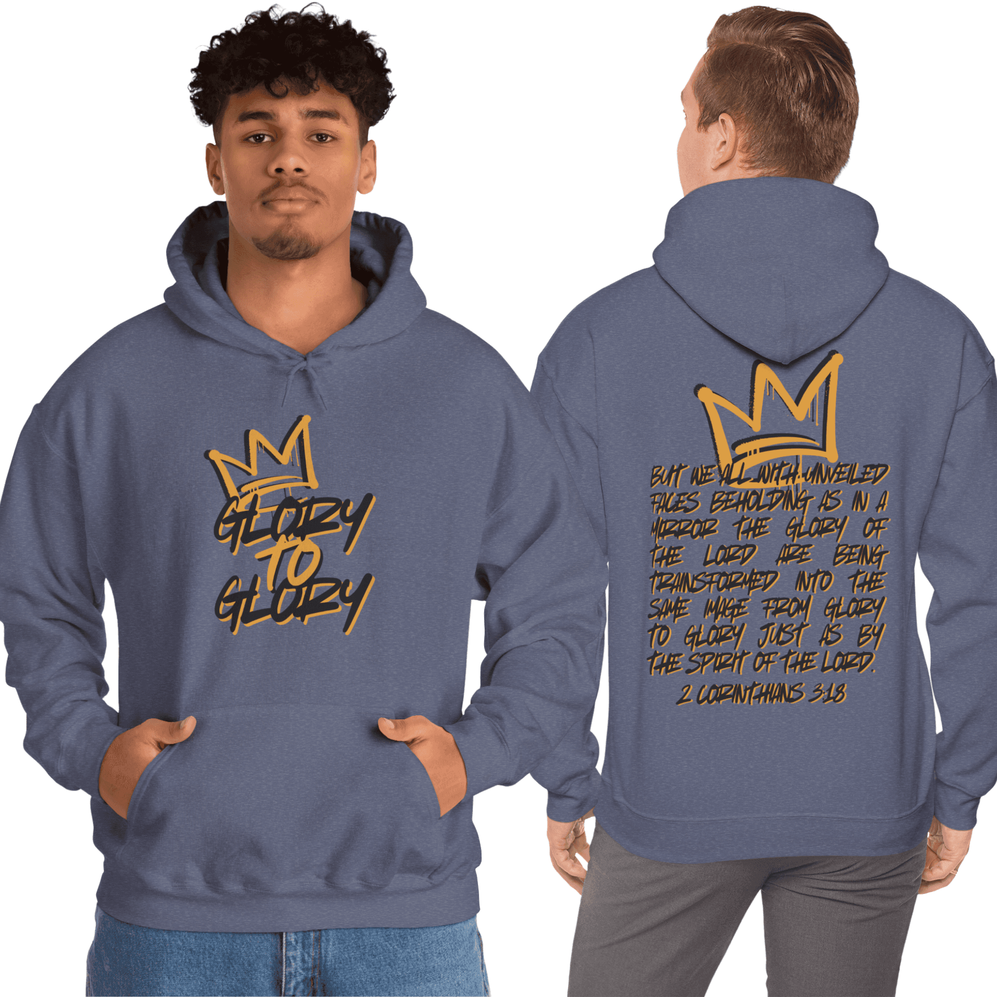 Hoodie with 'Glory to Glory' phrase in gold crown design, printed in lavender color, showing front and back views