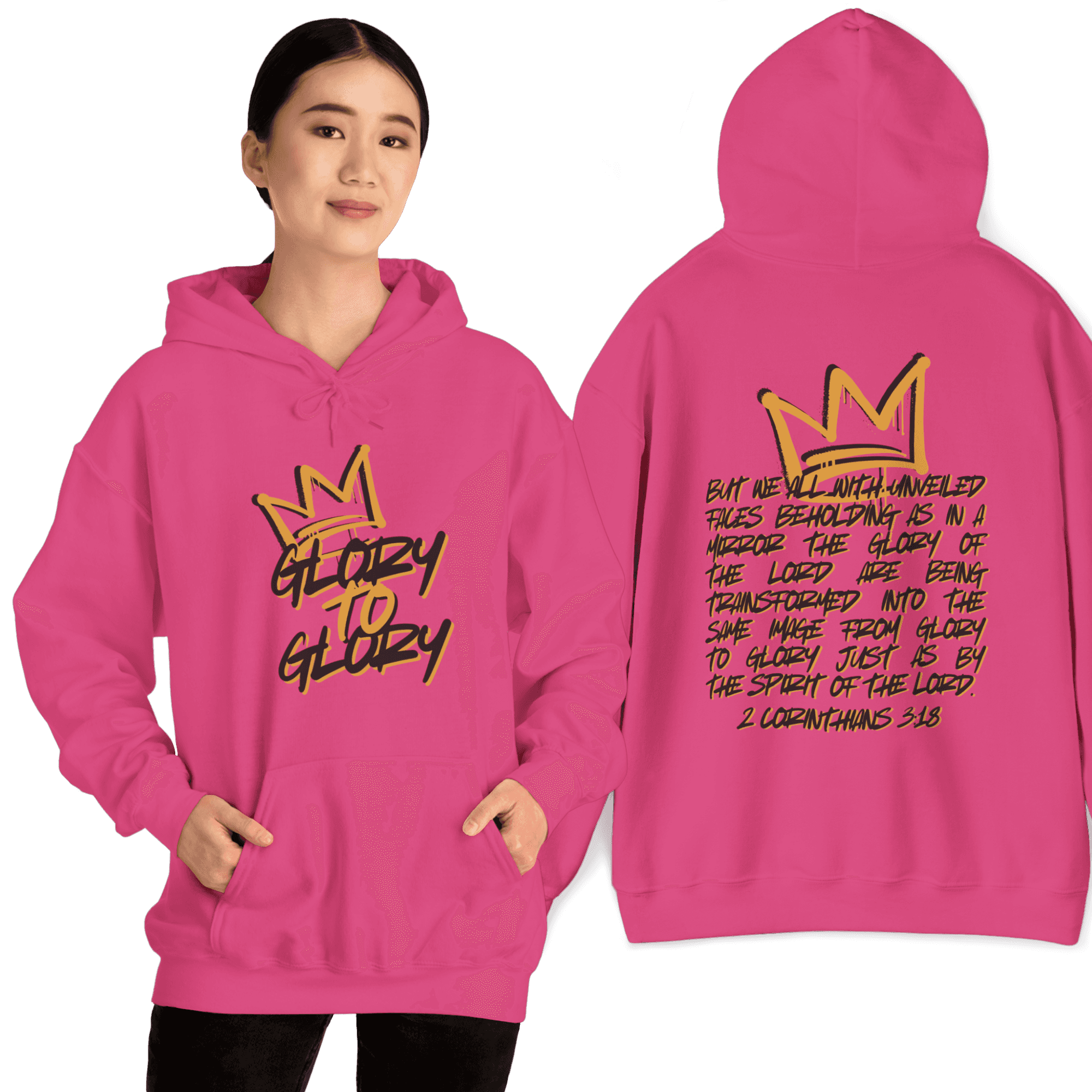 Pink Glory to Glory hoodie featuring scripture on the back and a crown design on the front.
