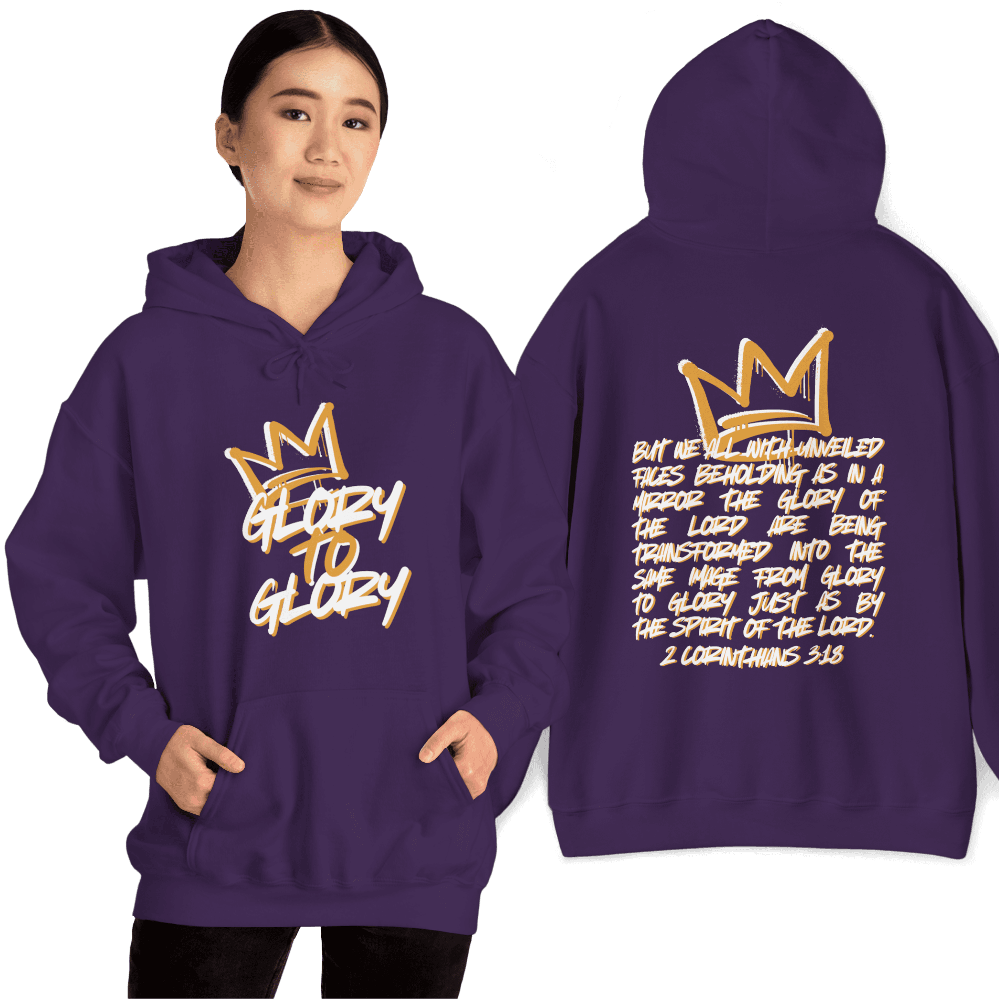 Hoodie with 'Glory to Glory' phrase in gold on purple fabric, featuring a front view with a model