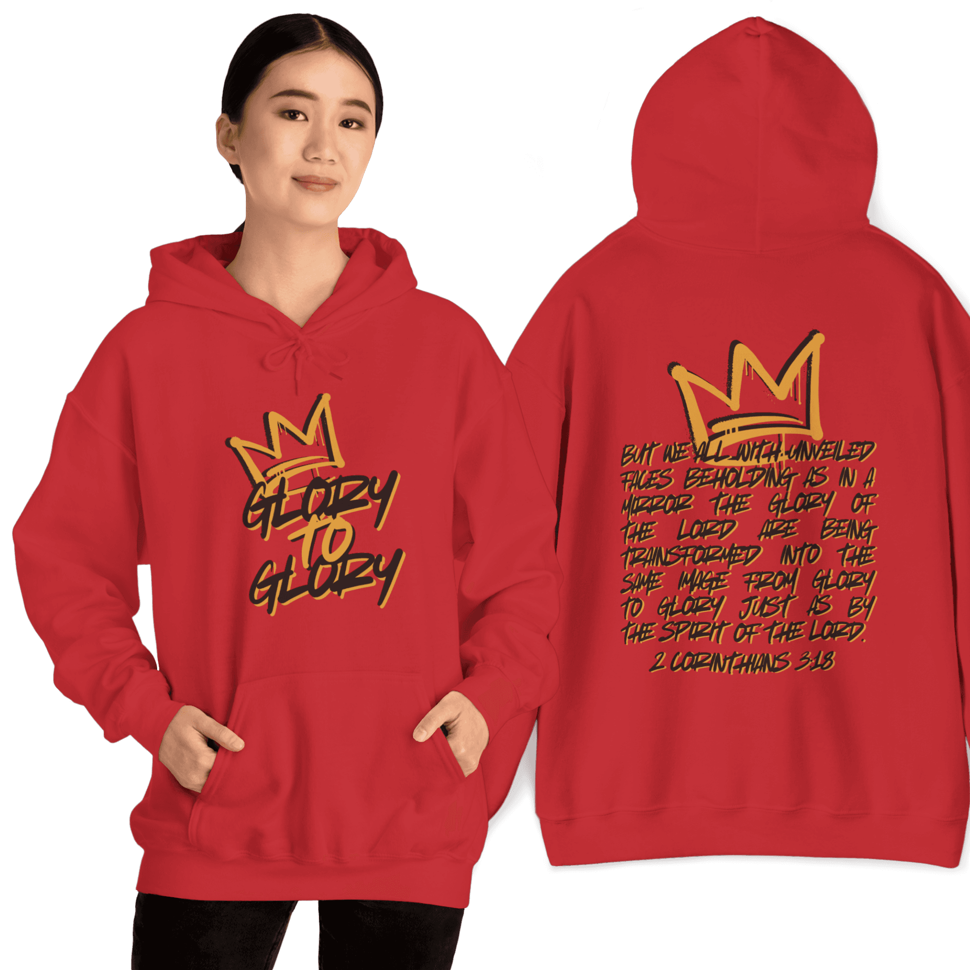 Hoodie with 'Glory to Glory' scripture in gold on a red background, featuring front and back views