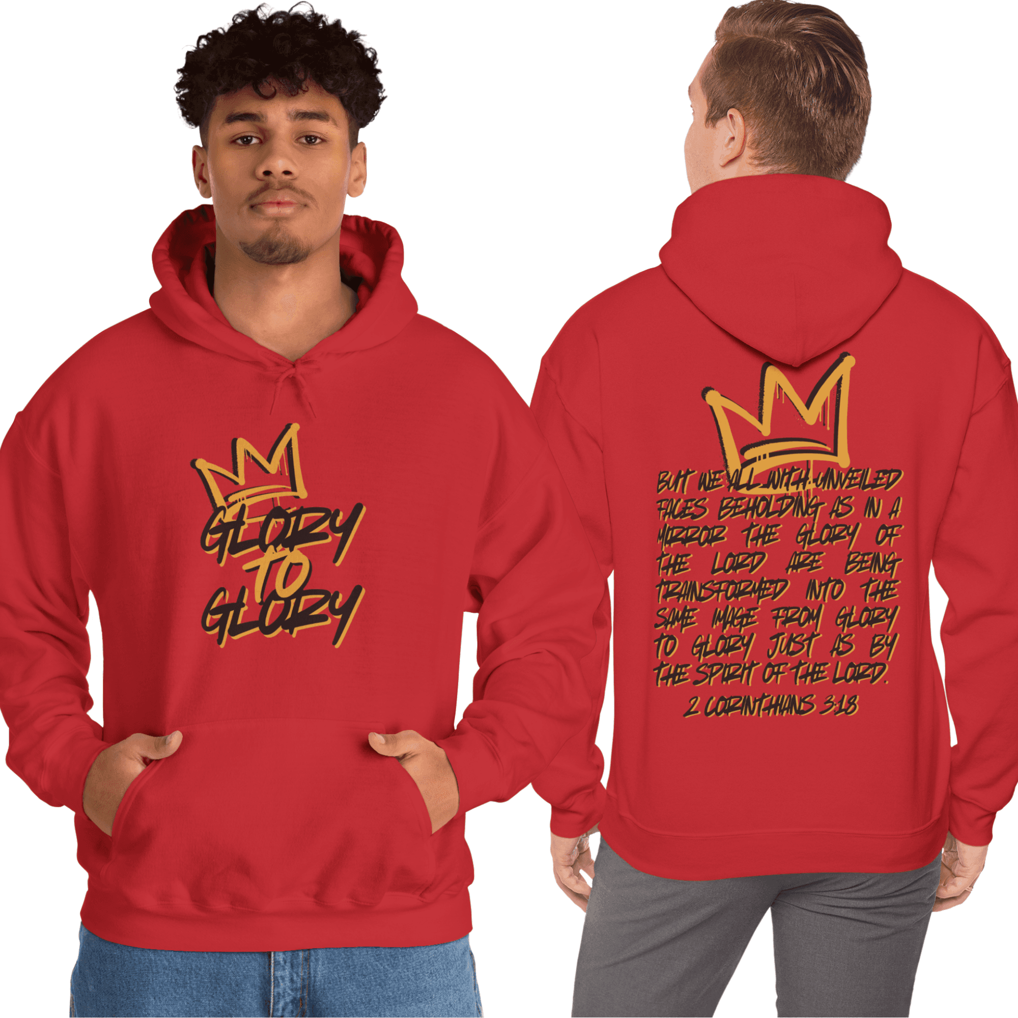 Hoodie with Glory to Glory scripture design in red, featuring a front graphic and back text
