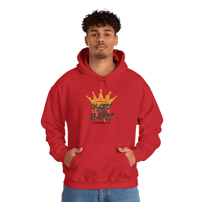 Red Glory to Glory hoodie with gold crown graphic worn by man with hands in pockets