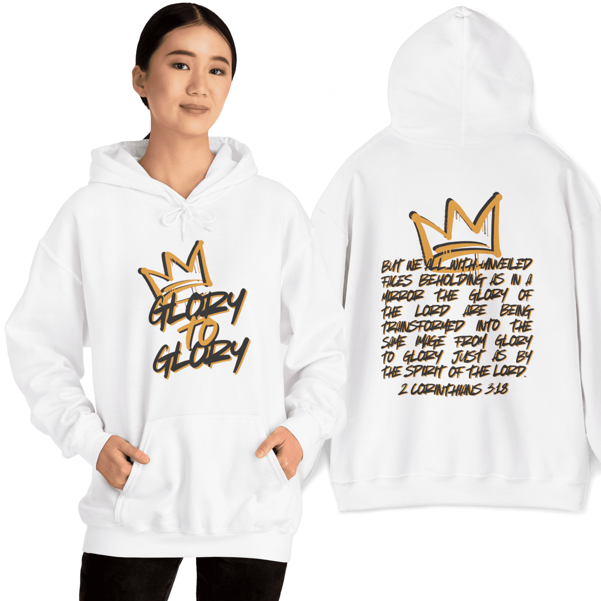 Hoodie with 'Glory to Glory' phrase in gold on white fabric, front view showing design and scripture