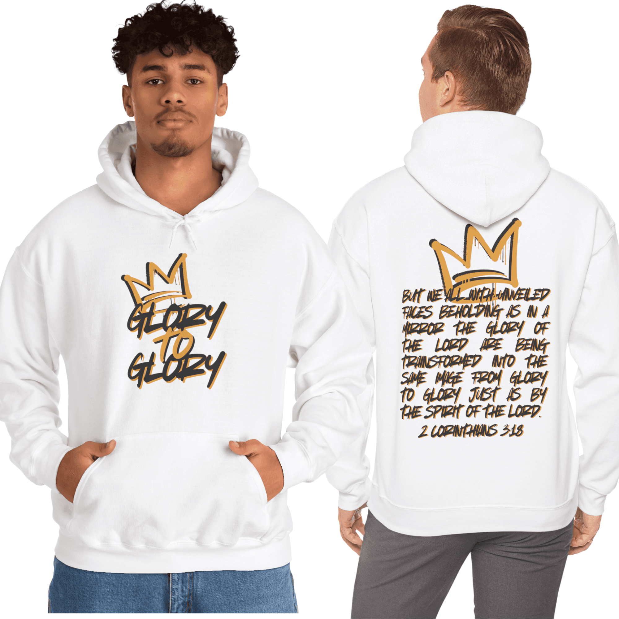Hoodie with 'Glory to Glory' phrase in cream, featuring front view design and scripture from 2 Corinthians 3:18 on the back